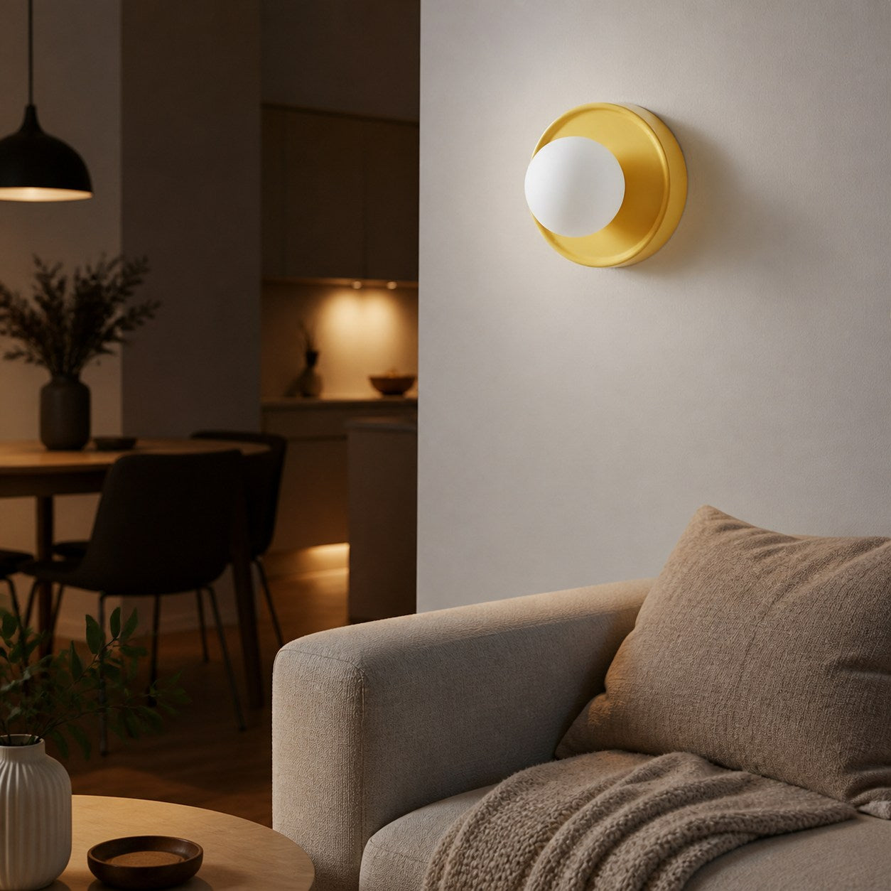 Solna Round Glass Wall Sconce with Ceramic Base—Minimalist Lighting for Bedroom or Hallway