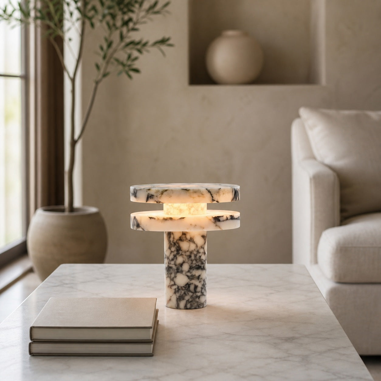 Modern Sculptural Table Lamp with Cylindrical Base Design for Bedroom Bedside and Living Room Use