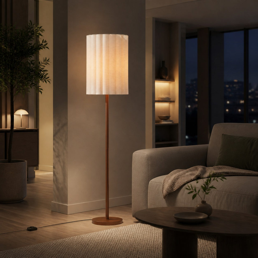 Linbron Walnut Wood Floor Lamp with Fluted Linen Shade – Modern Natural Home Decor