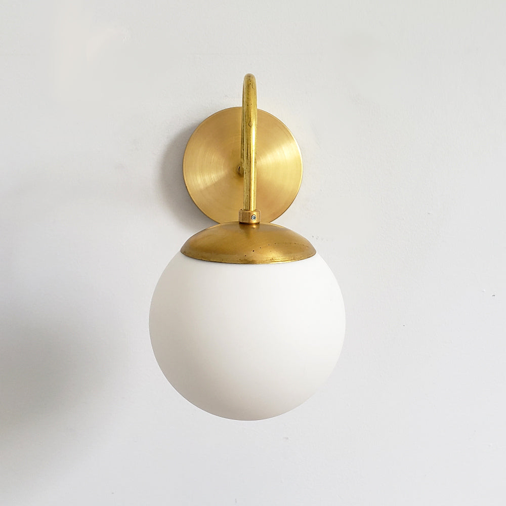 Brass Wall Lamp Sconce - Curved Arm with Handblown Frosted Glass