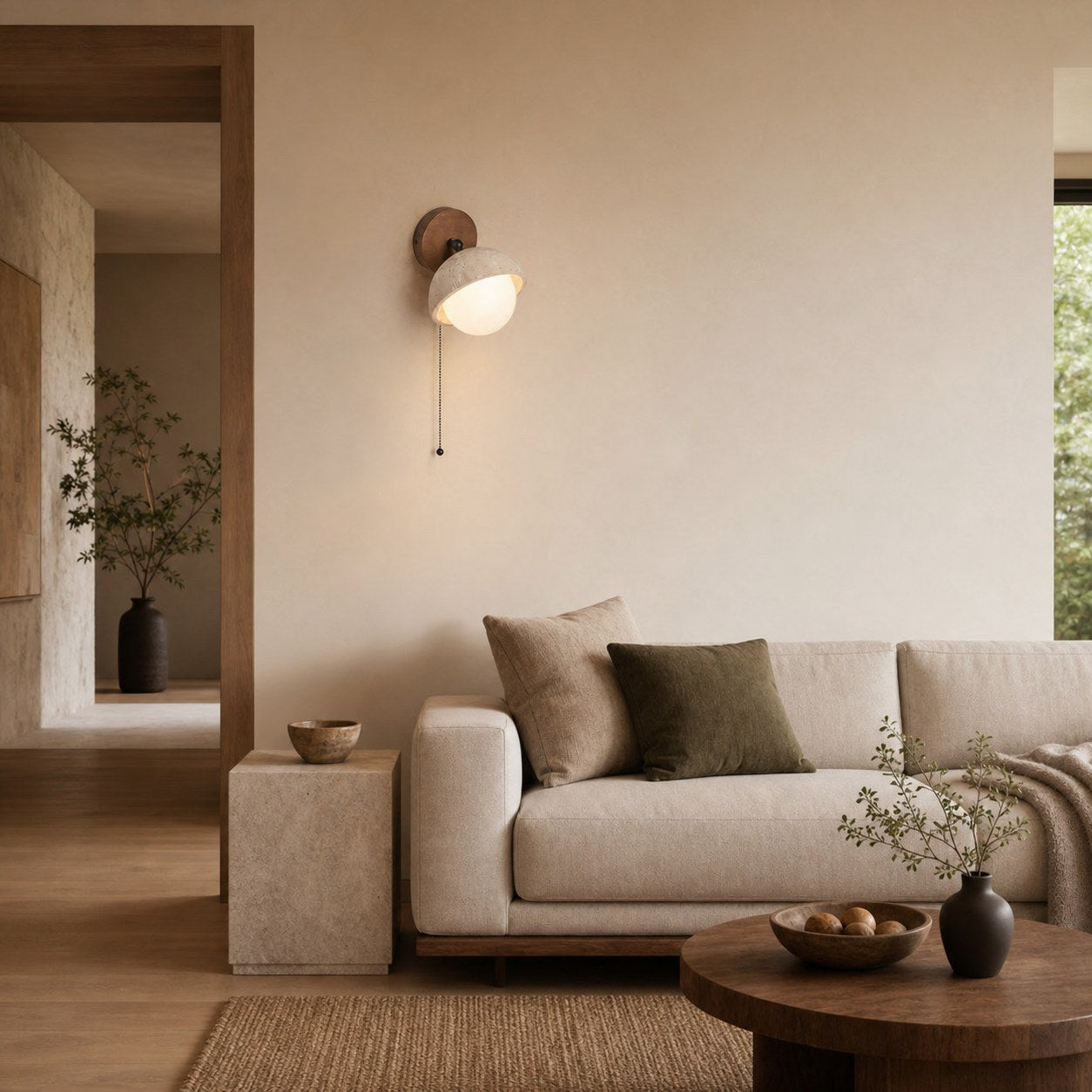 Modern Travertine Wall Lamp – Minimalist Stone Sconce for Bedroom Living Room Hallway