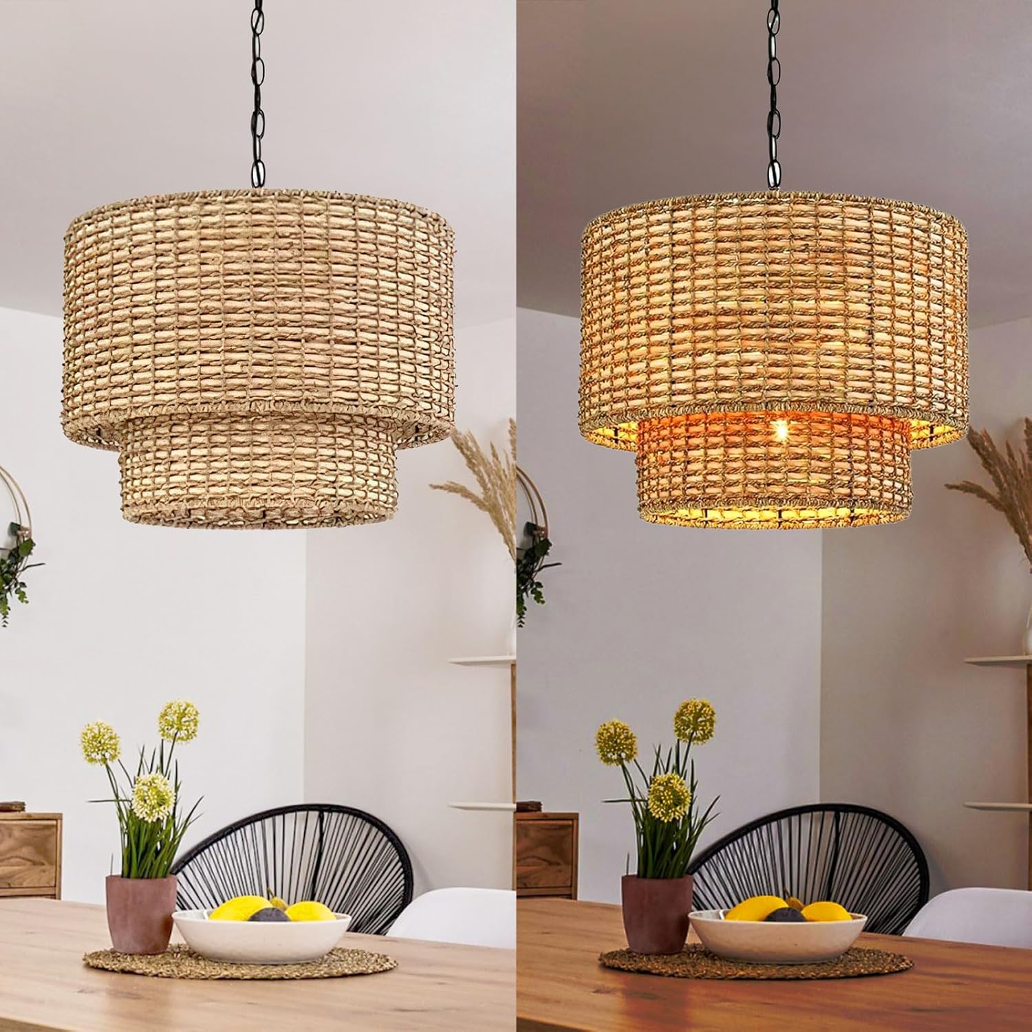Natural Rattan Double Drum Pendant Light With Black Canopy