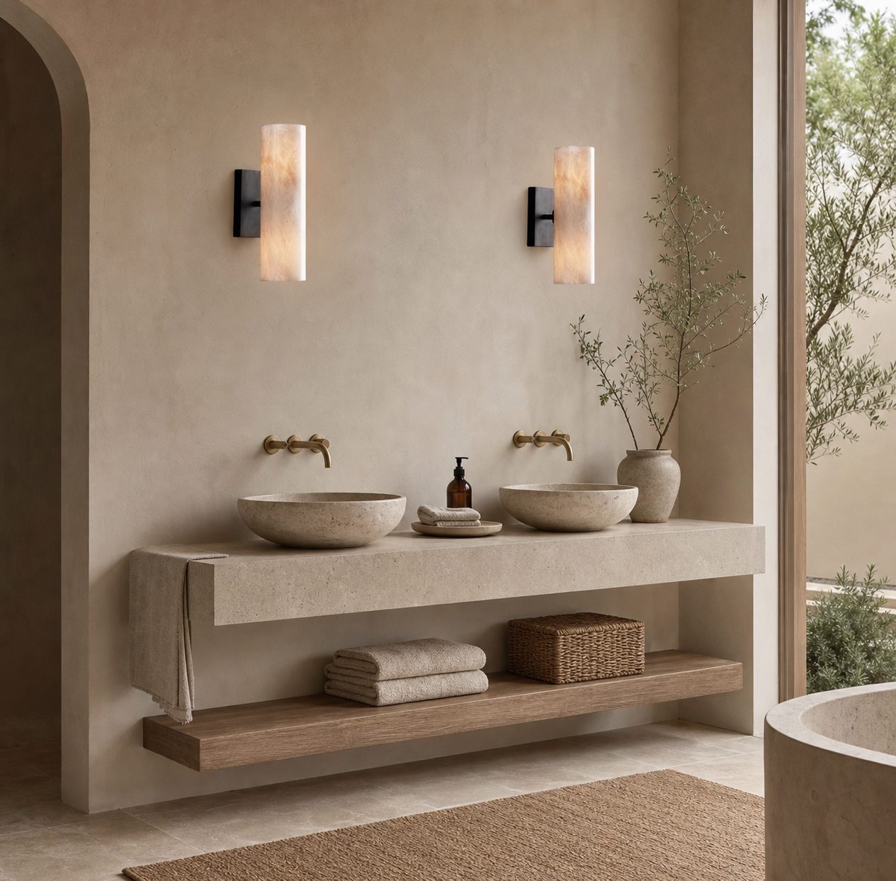 Wolvina Natural Marble Tube Sconce with Sleek Metal Details