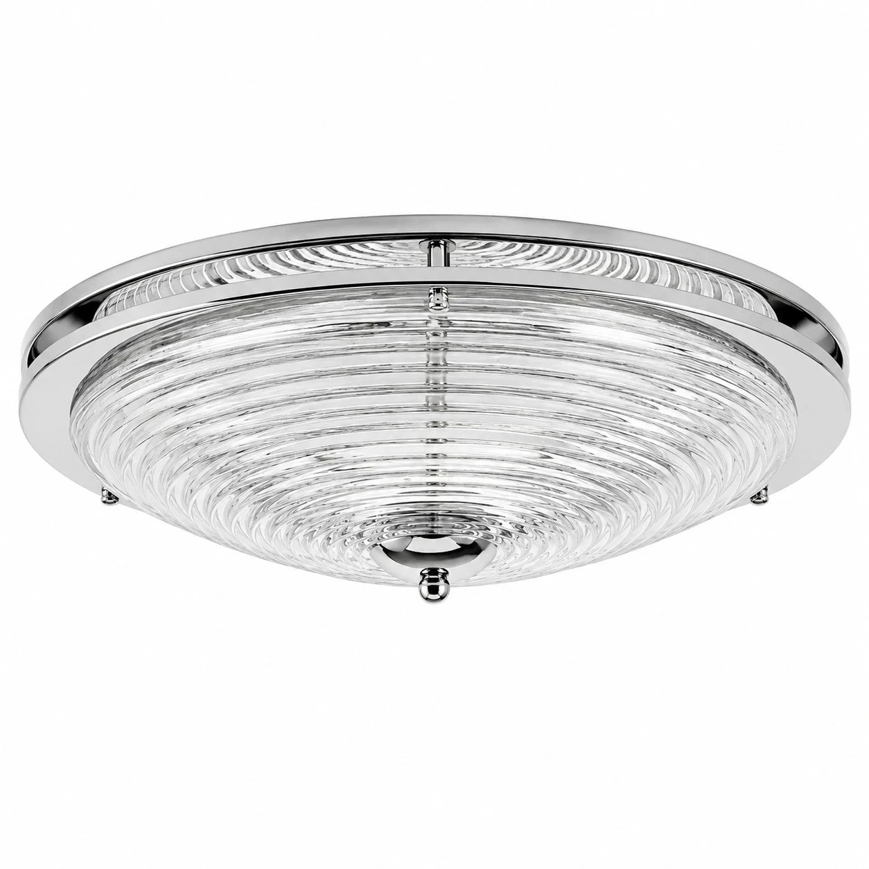 Bauhaus chrome rippled glass flush mount ceiling light on a white background
