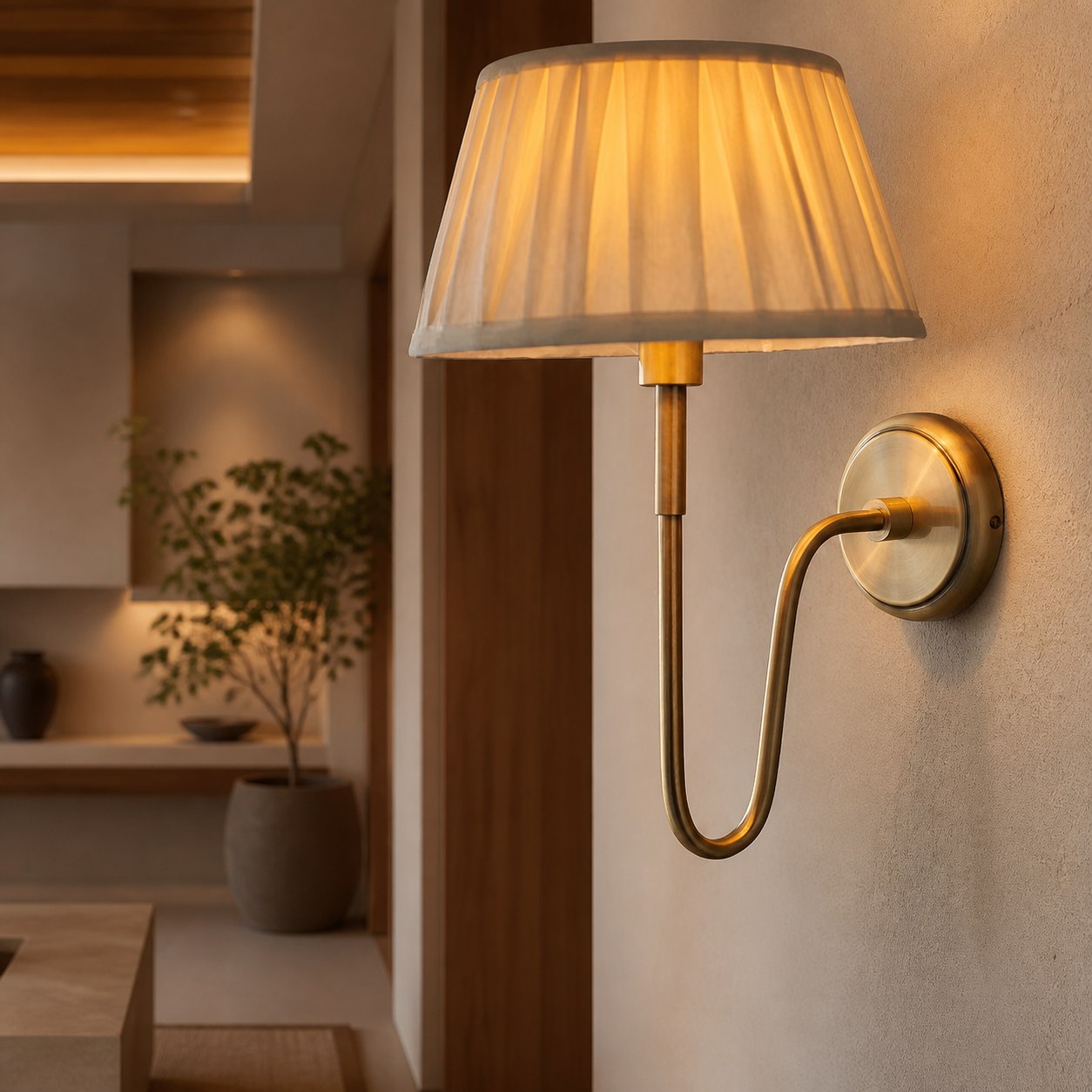 Ivoralux Tapered Fabric Wall Light – Modern Classic Curved Arm Sconce for Hallways or Bedrooms
