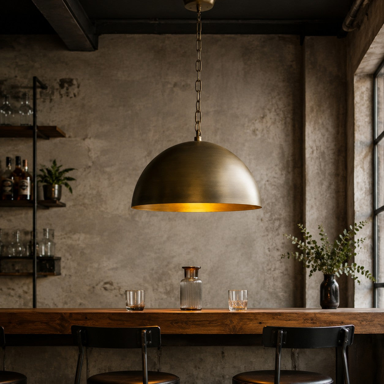 Large aged matte brass dome pendant light with warm inner finish