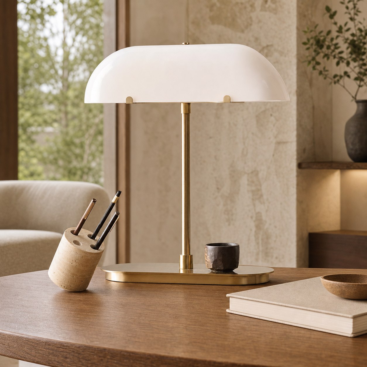 Ferosa Boat-Shaped Lampshade Table Lamp – Vintage Bronze Finish with Milk Glass Shade