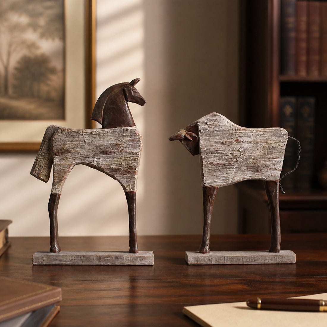 Equora horse and bull sculptures in a warm vintage interior