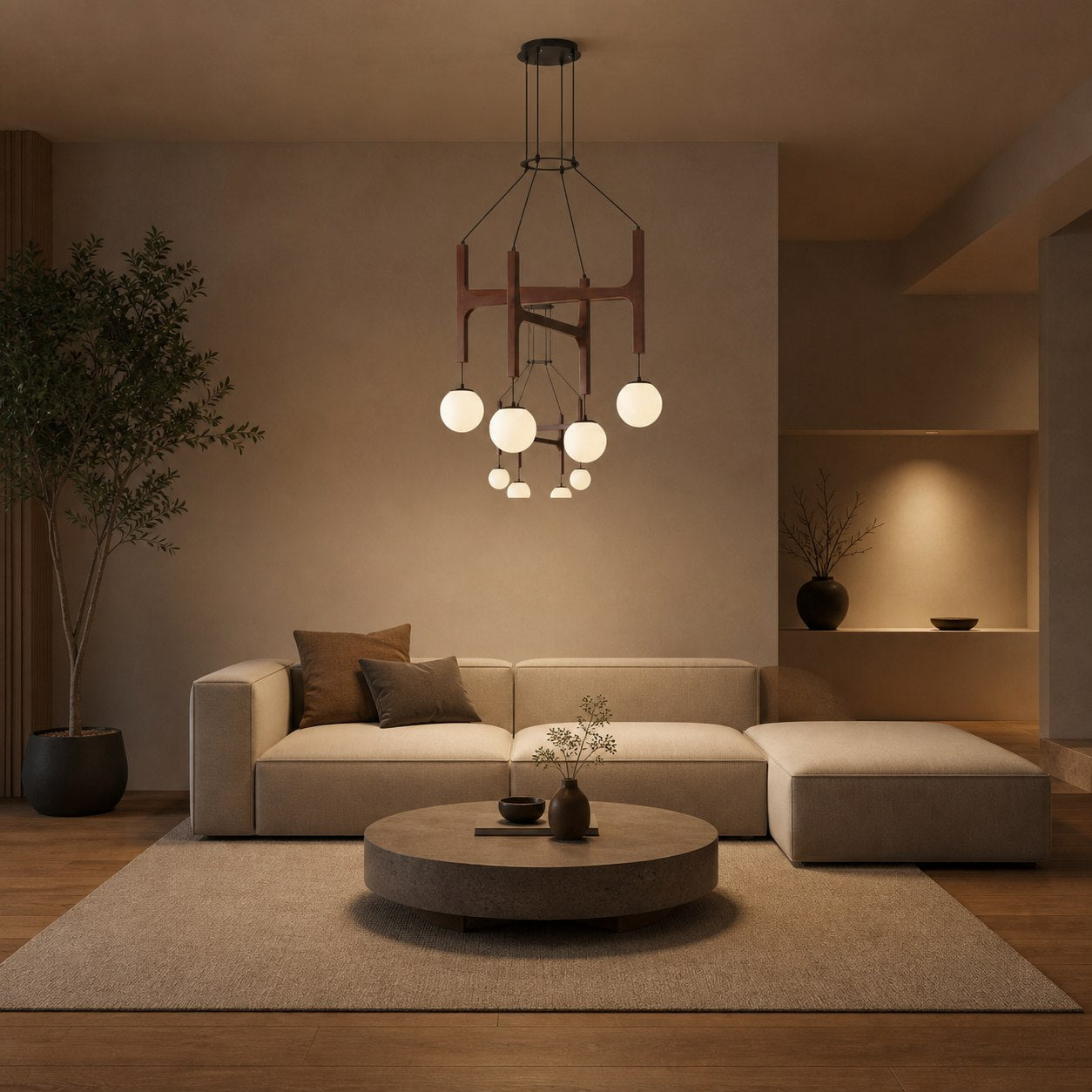 Auralith Wood Chandelier Multi Arm Fixture - Modern Natural Lighting for Living and Dining