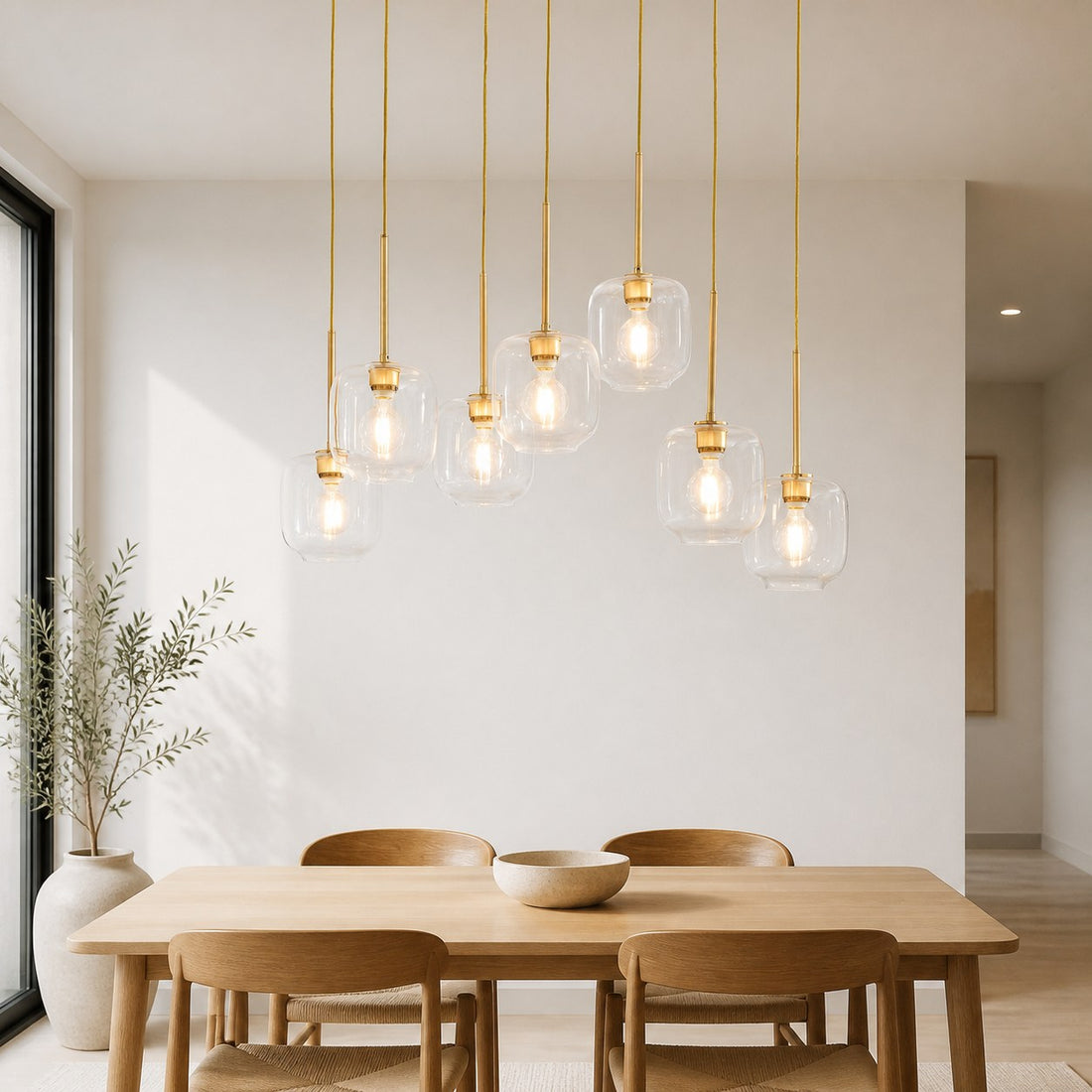 Lumivelle Sculptural 7-Light Chandelier – Adjustable Height Modern Glass Pendant