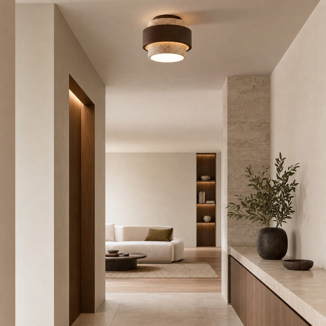 MokuStone Wabi Sabi Travertine Ceiling Lamp - Textured Stone Flush Mount Lighting for Home