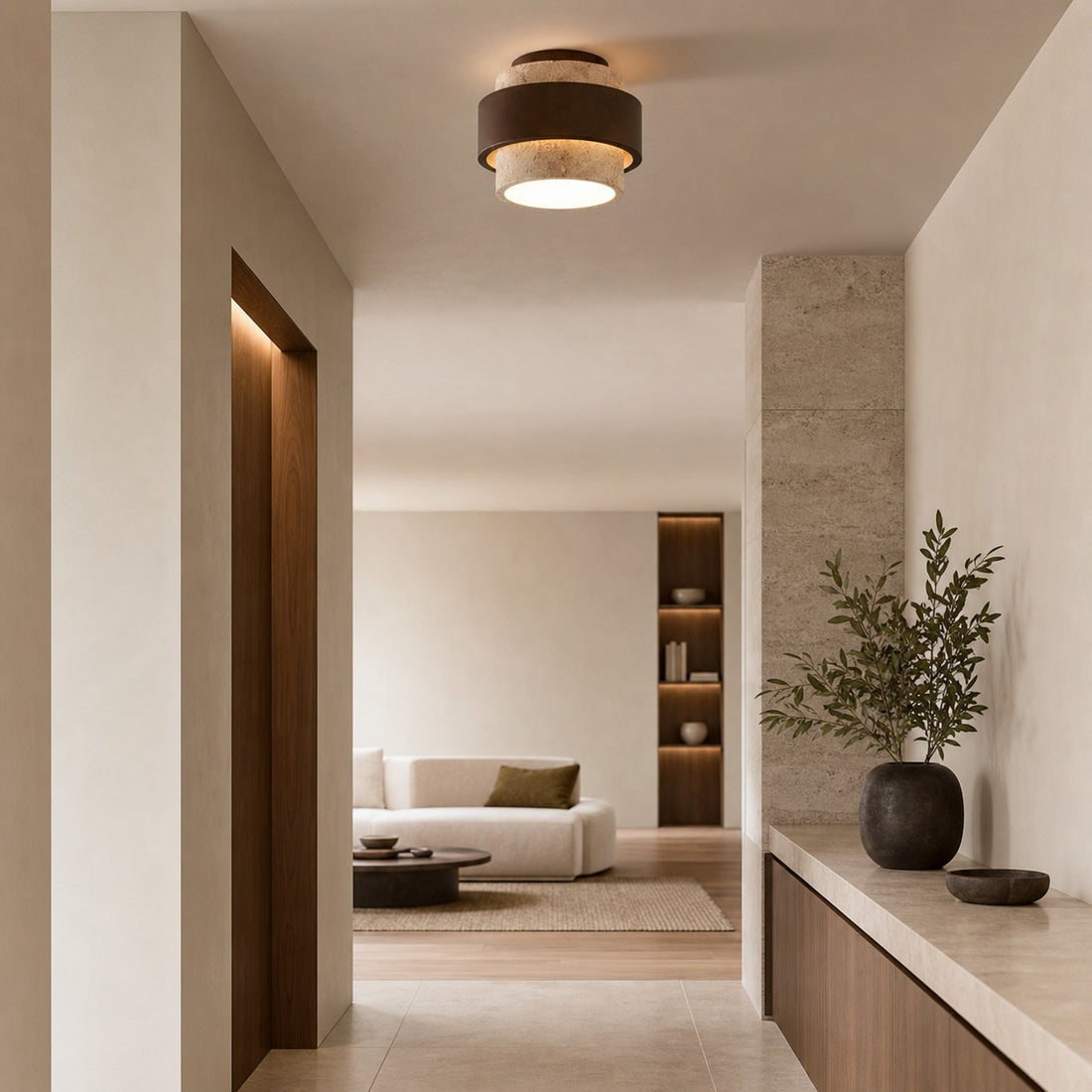 MokuStone Wabi Sabi Travertine Ceiling Lamp - Textured Stone Flush Mount Lighting for Home
