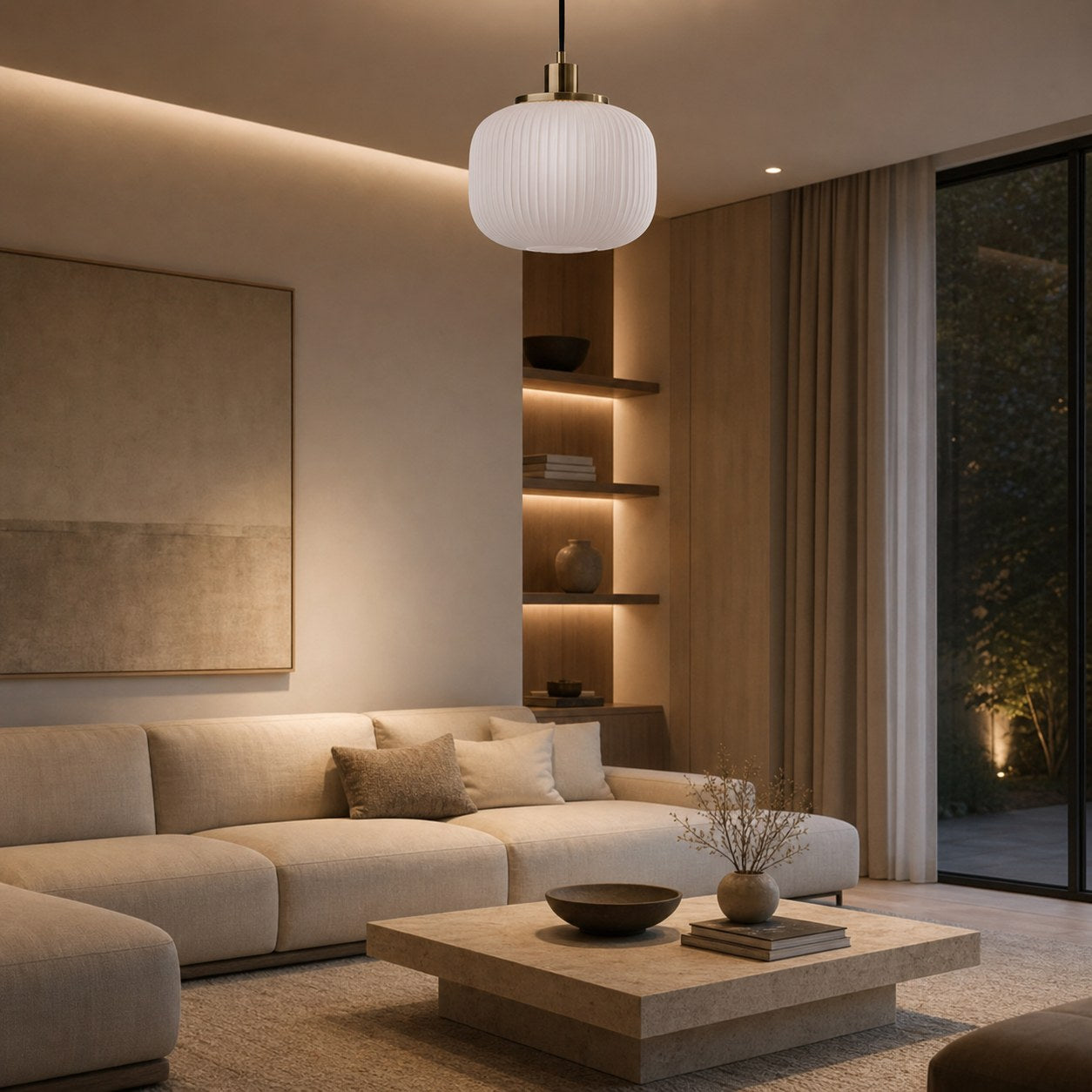 Pelviona Modern Ribbed Glass Pendant - Frosted & Brass Ceiling Light Add Timeless Charm to Your Space