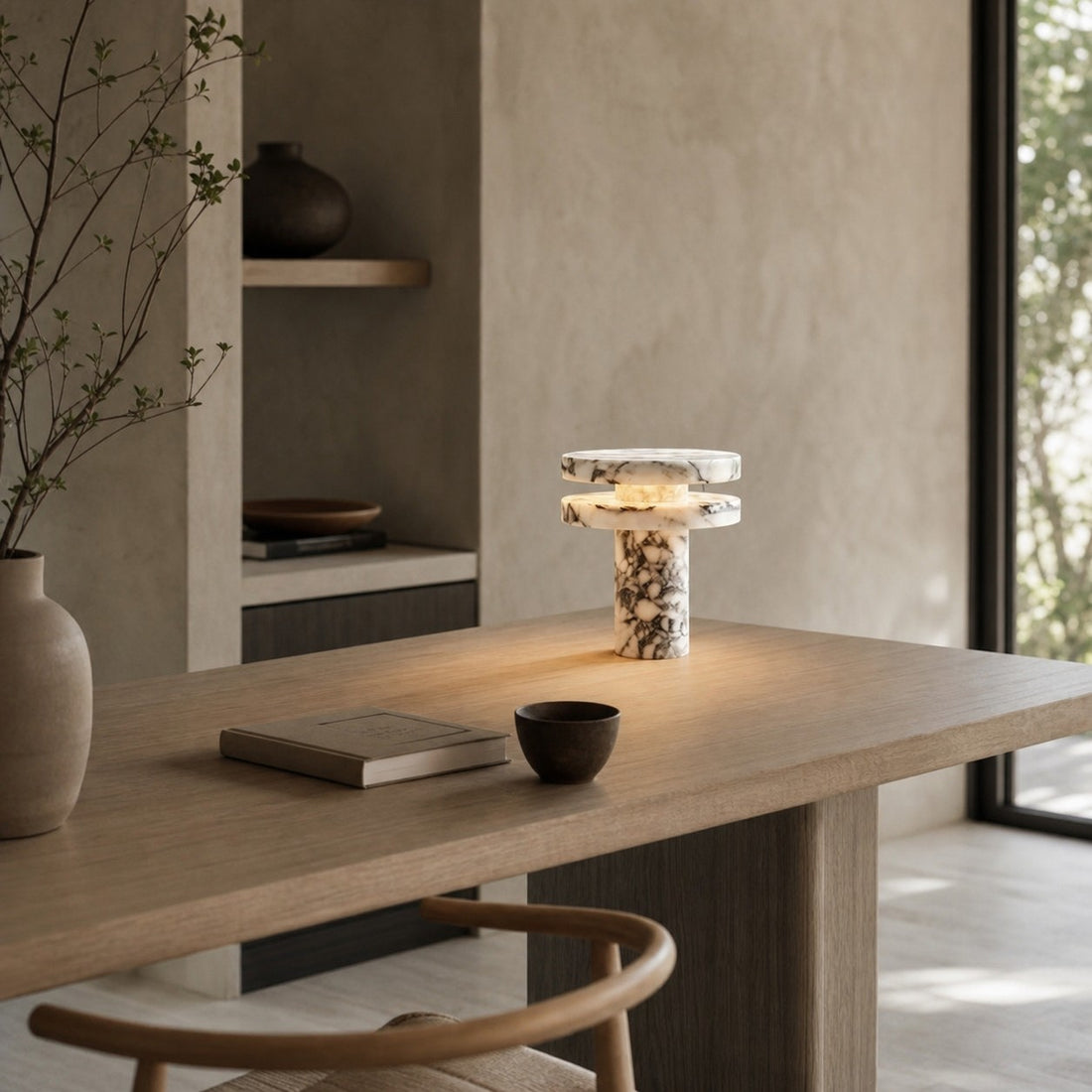 Modern Sculptural Table Lamp with Cylindrical Base Design for Bedroom Bedside and Living Room Use