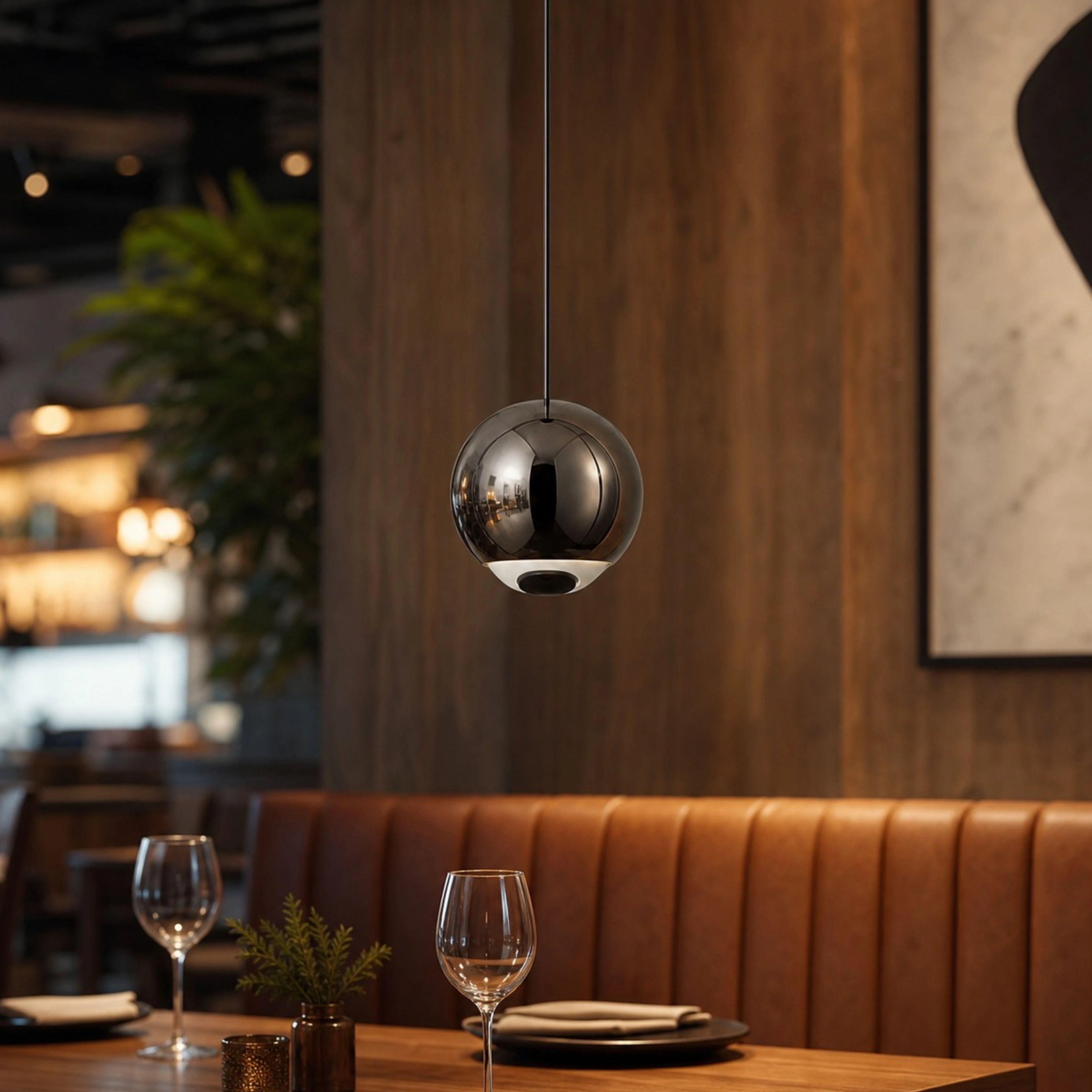 Pearl Black mirrored orb pendant in a restaurant booth