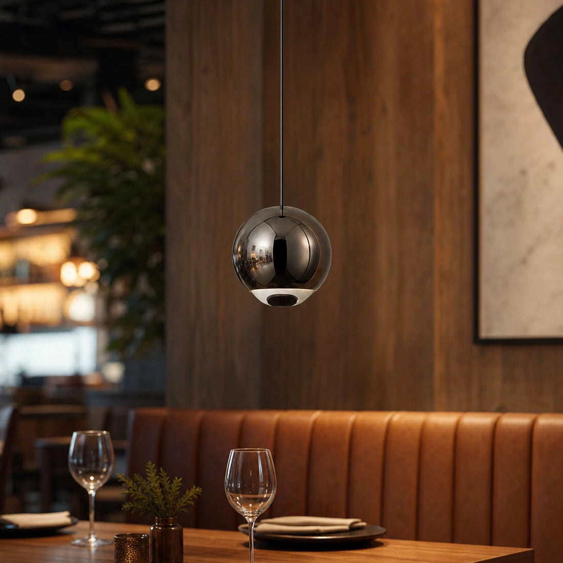 Pearl Black mirrored orb pendant in a restaurant booth