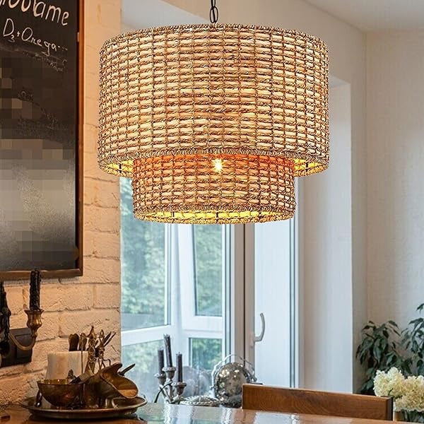 Natural Rattan Double Drum Pendant Light With Black Canopy