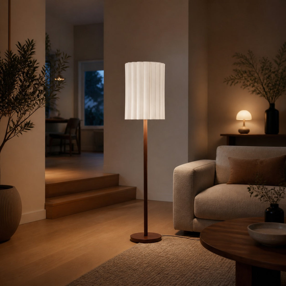 Linbron Walnut Wood Floor Lamp with Fluted Linen Shade – Modern Natural Home Decor