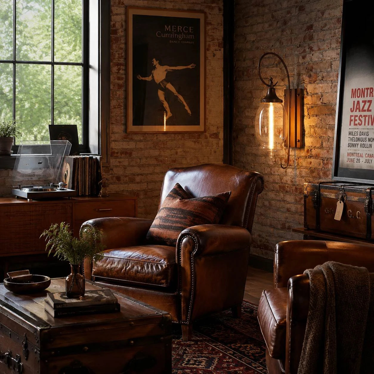 Industrial lounge installation on a brick wall