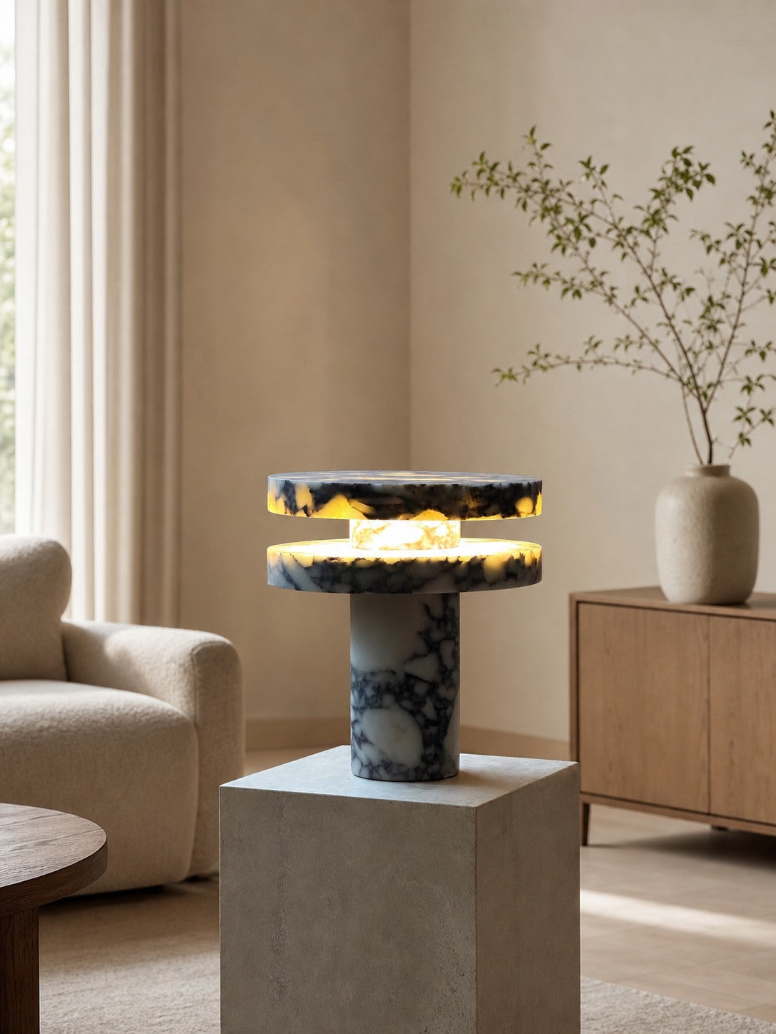 Modern Sculptural Table Lamp with Cylindrical Base Design for Bedroom Bedside and Living Room Use