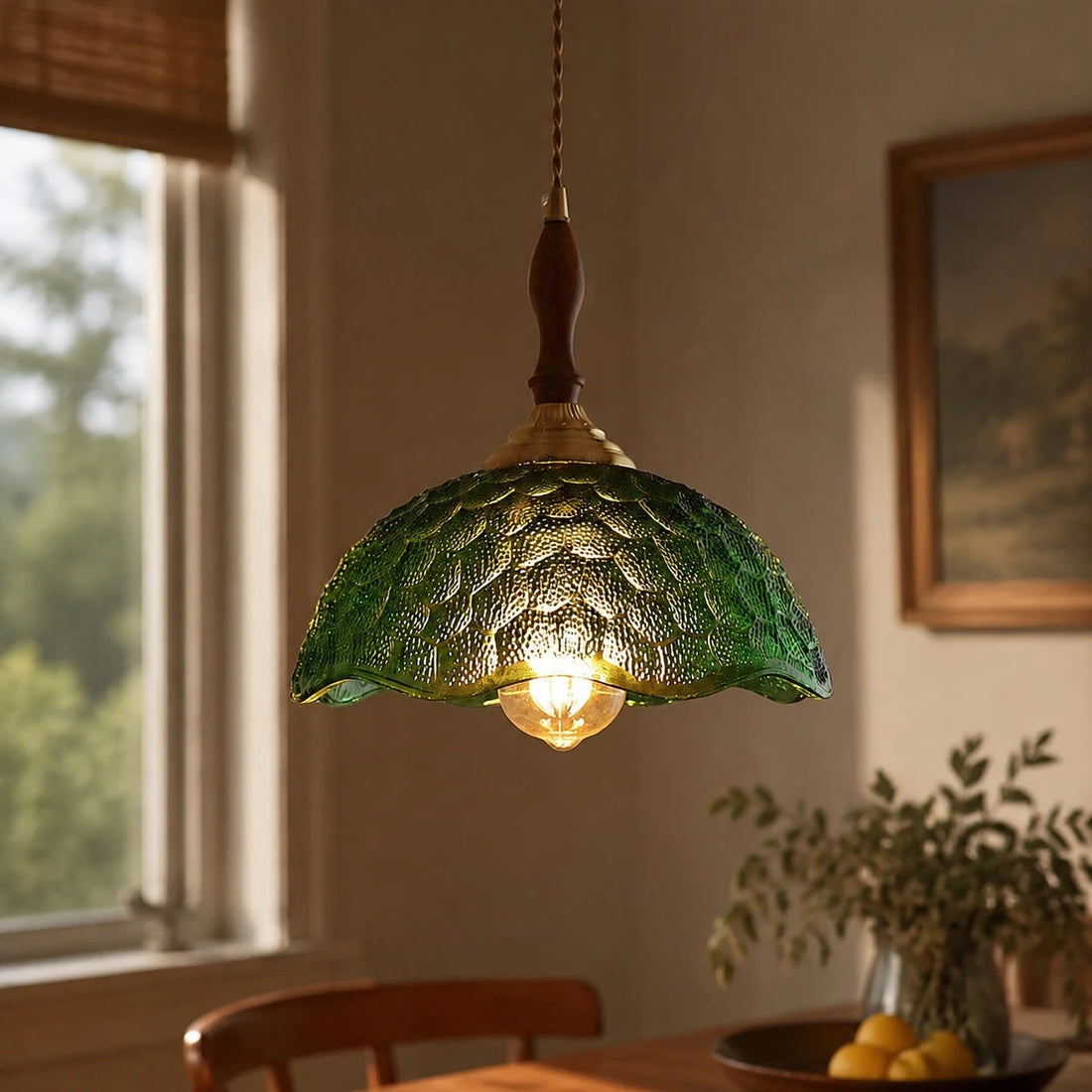 Green scalloped glass pendant light