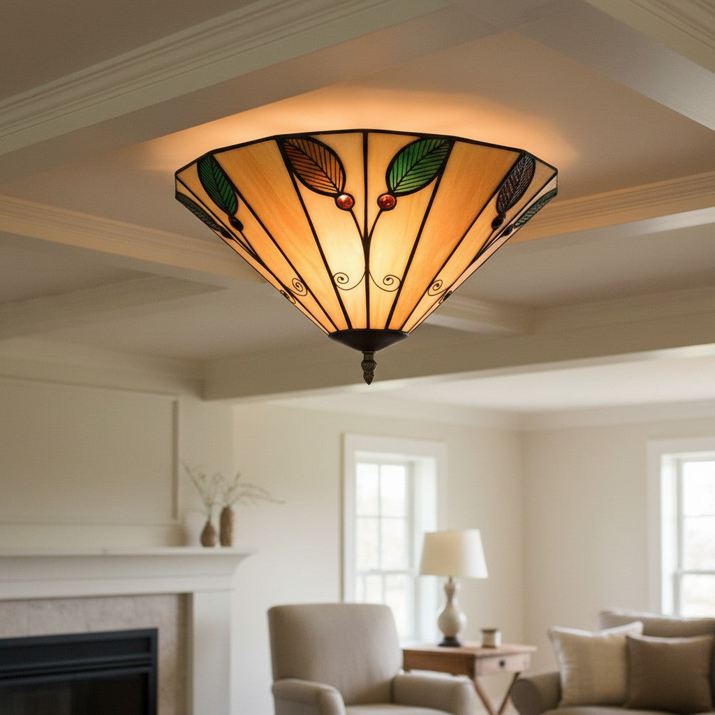 TiffStar Leaf Flush Ceiling Light with Art Glass Shade for Living Room