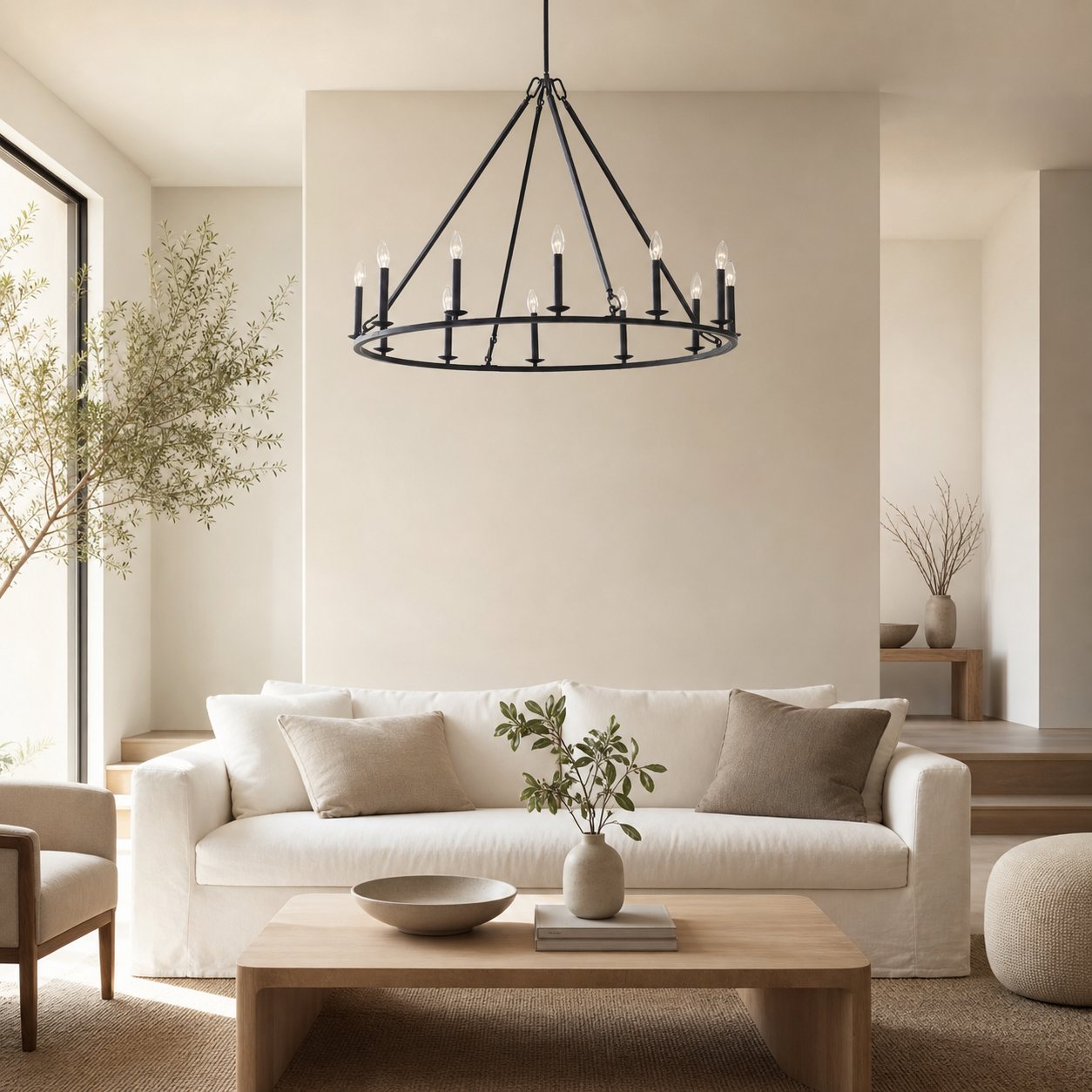 Rowan Modern Wagon Wheel Round Chandelier - Industrial Farmhouse Iron Lighting Fixture