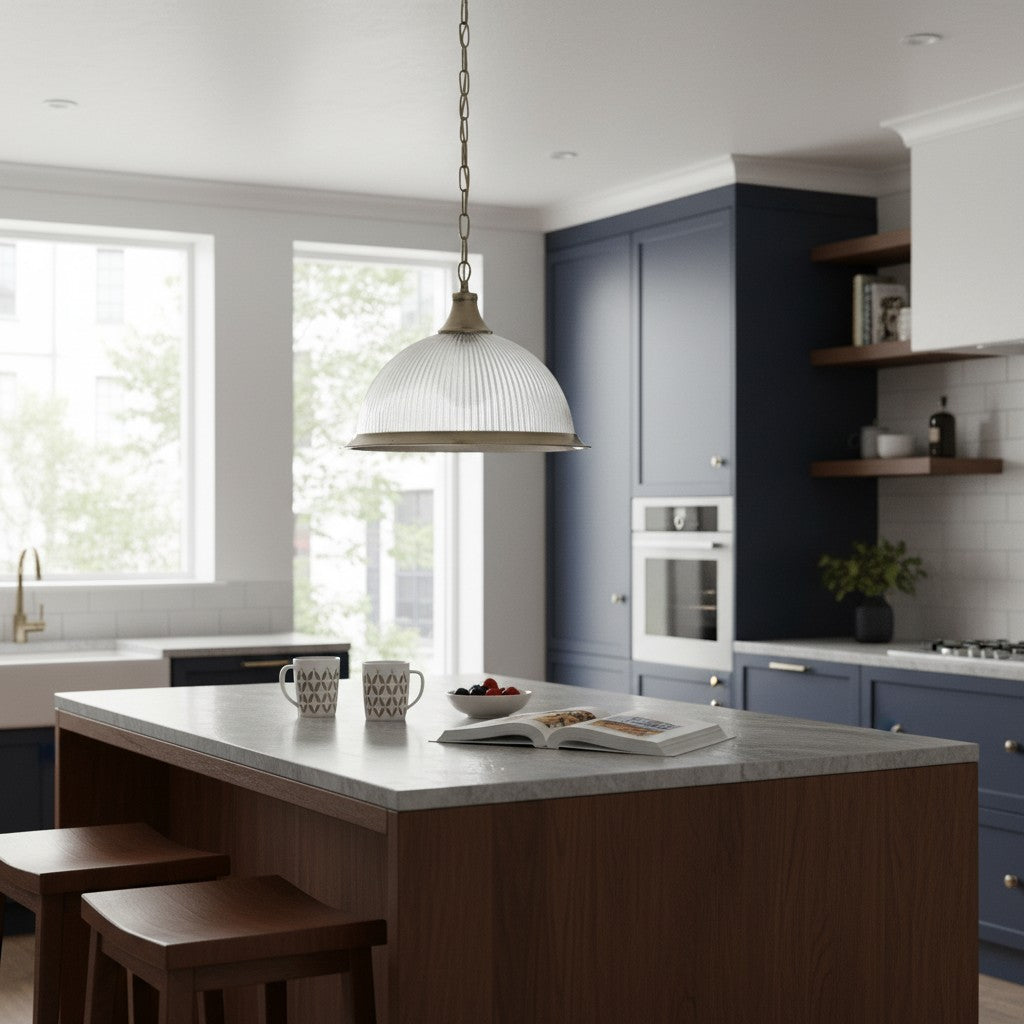 TF Vintora Ribbed Glass Pendant Light – Elegant Metal Trim for Kitchens, Dining Areas and Hallways