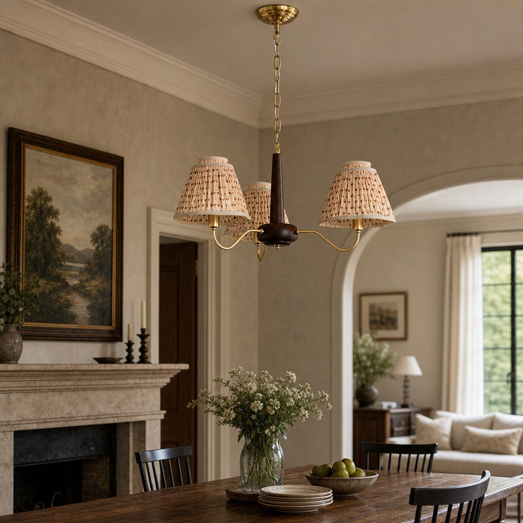Solmire Rustic Chandelier - Wood and Metal Floral Fabric Shades for Living Room