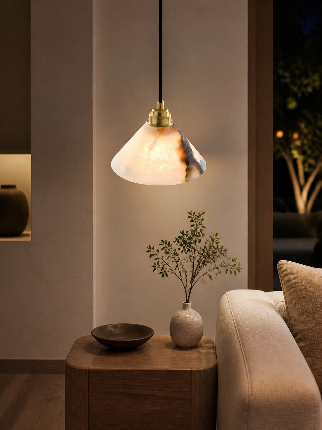 Conical Brass Alabaster Pendant Lamp