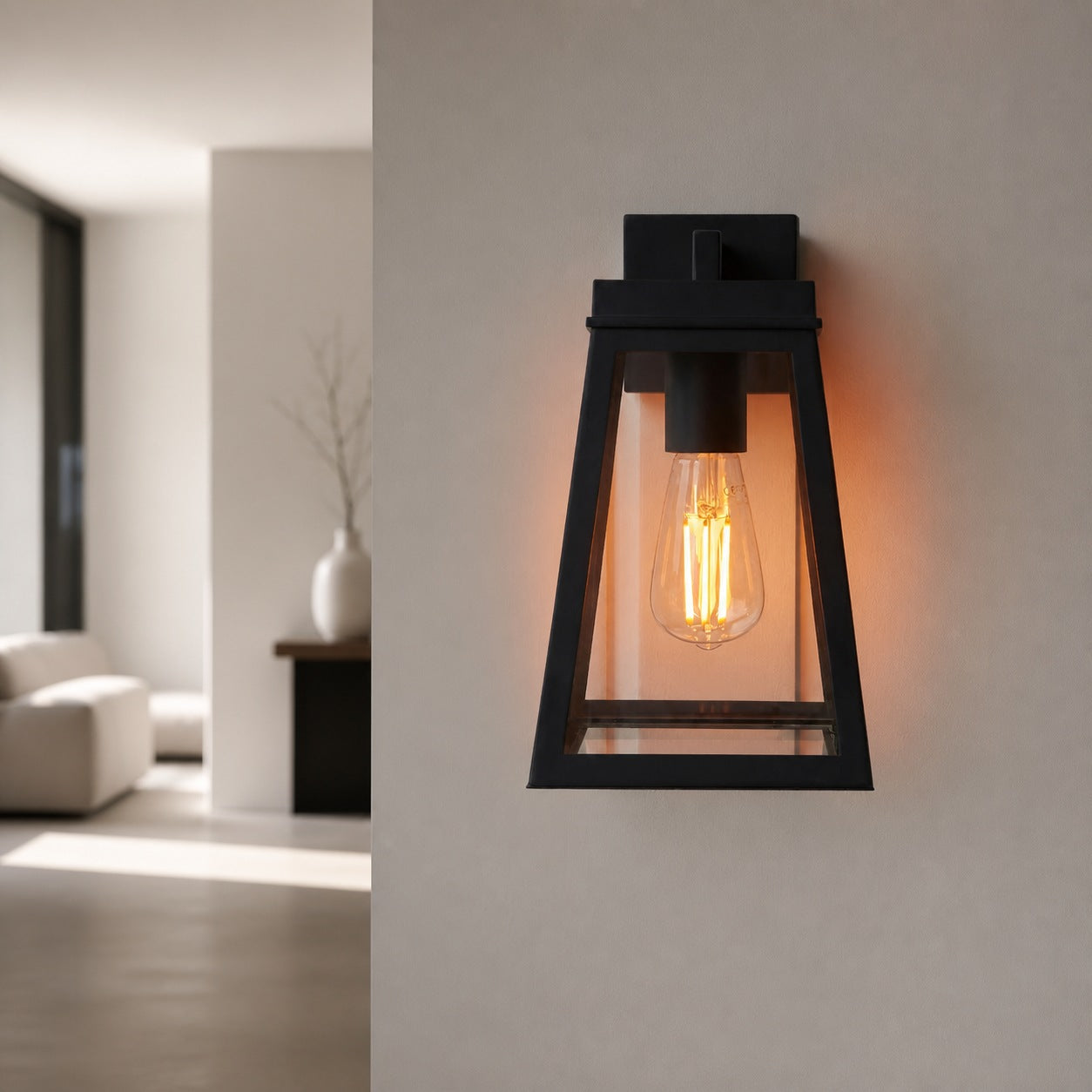 Trevanta Clear Glass Black Outdoor Lantern Wall Light - Modern Exterior Lighting