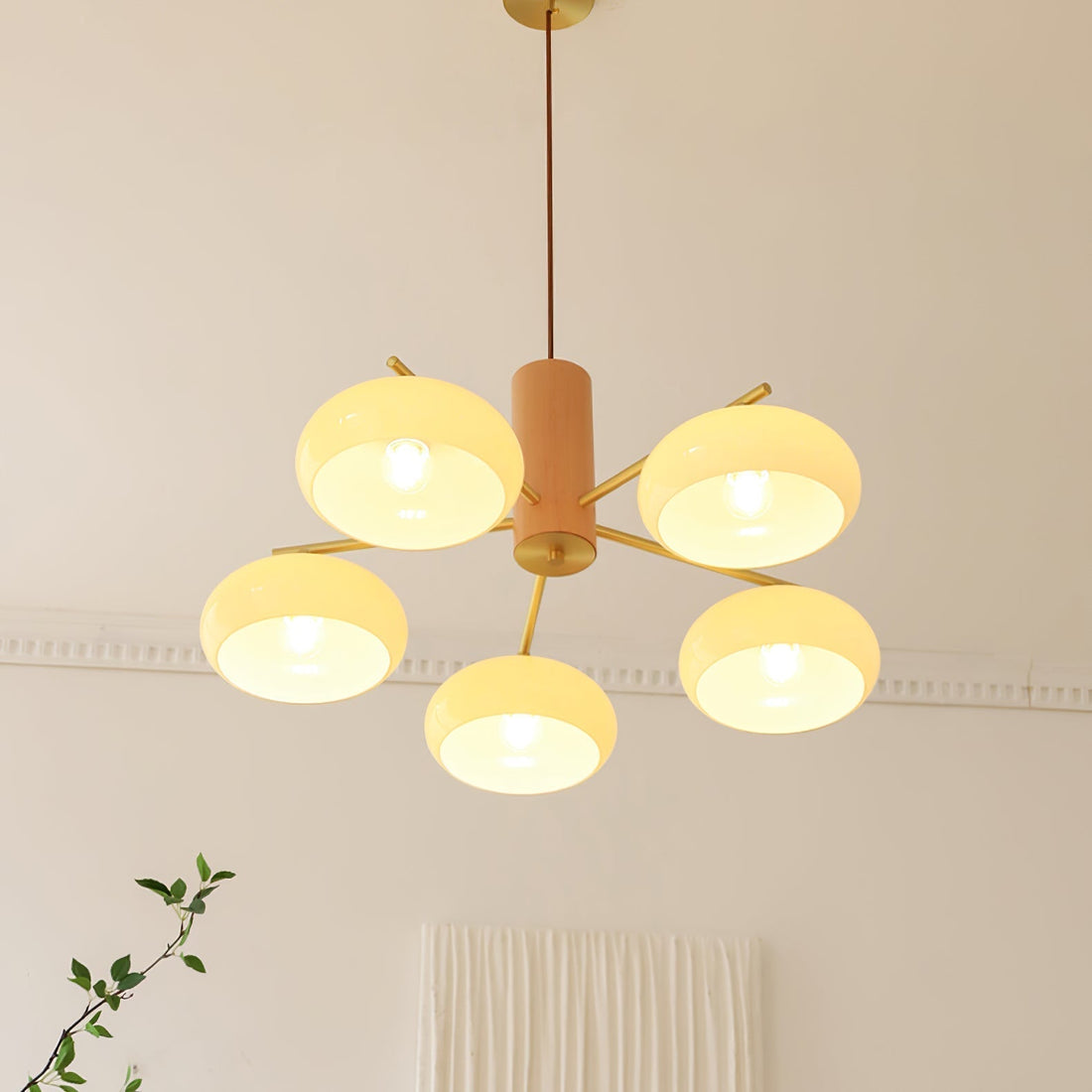 Bowl Shaped Multi - Head Chandelier With Wooden Decoration