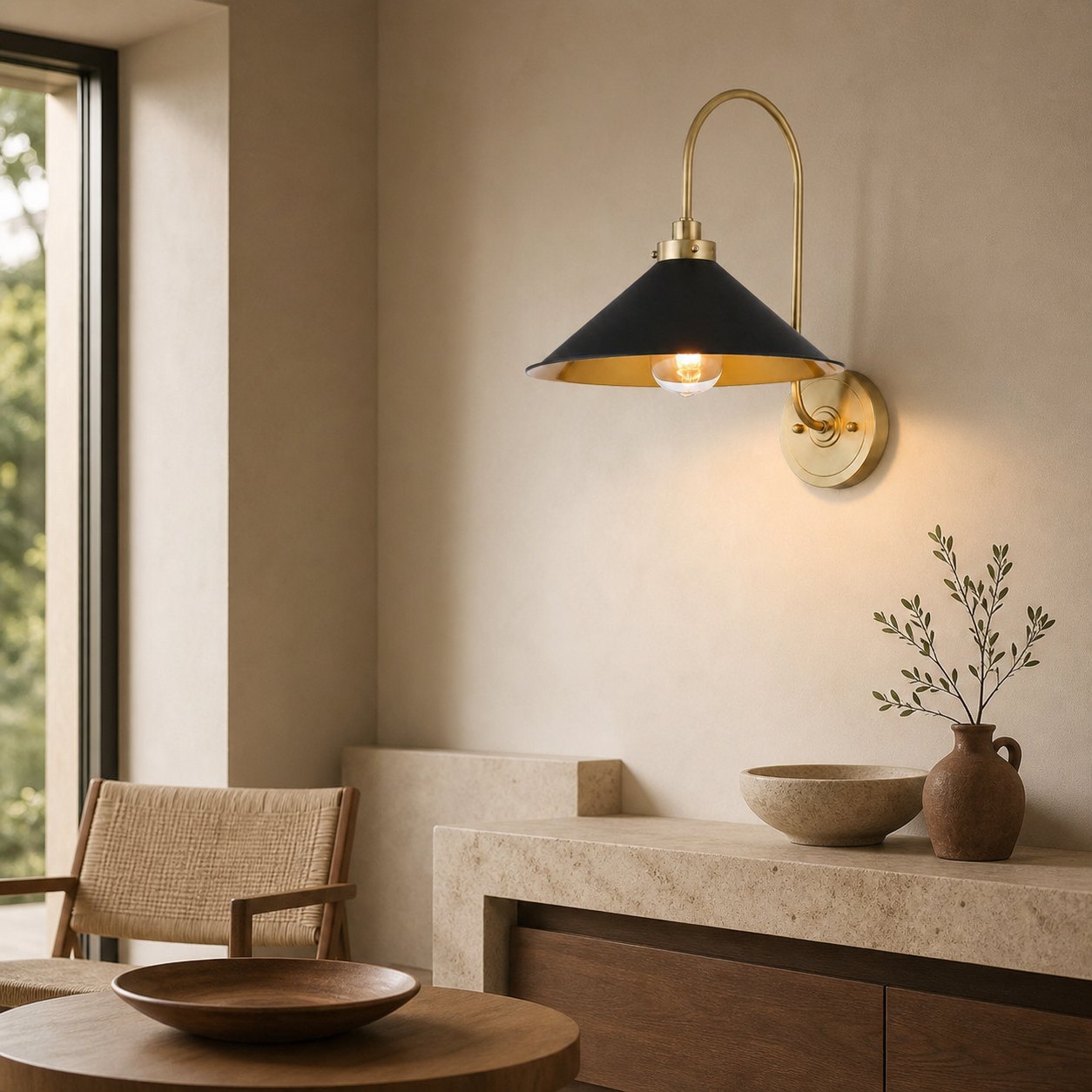 Ivoran Brass Gooseneck Wall Sconce - Curved Arm Dome Shade Light for Bedroom and Hallway