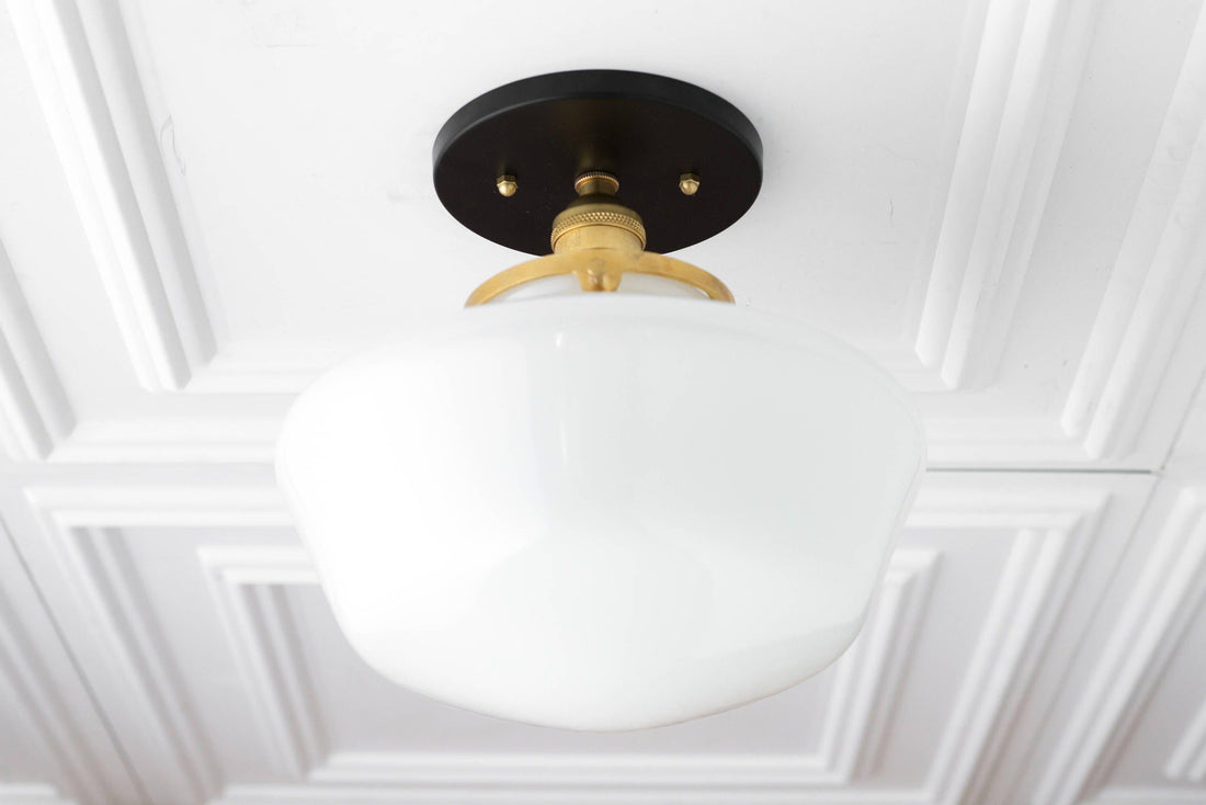 Geotower Glass Brass Ceiling Light - Opal Glass Schoolhouse Shade - Modern Elegance
