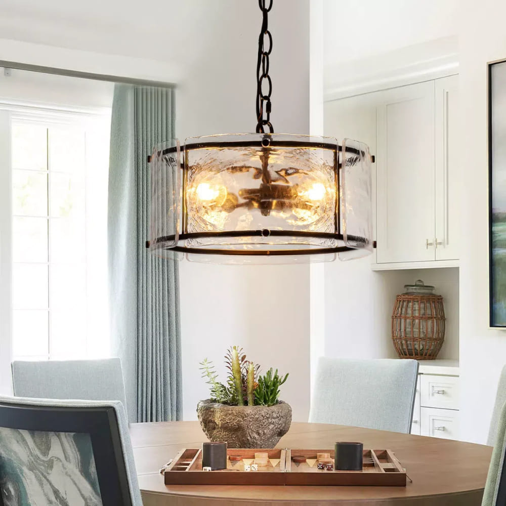 Water Ripple Drum Pendant Light - Matte Black Clear Glass 3-Light Chandelier