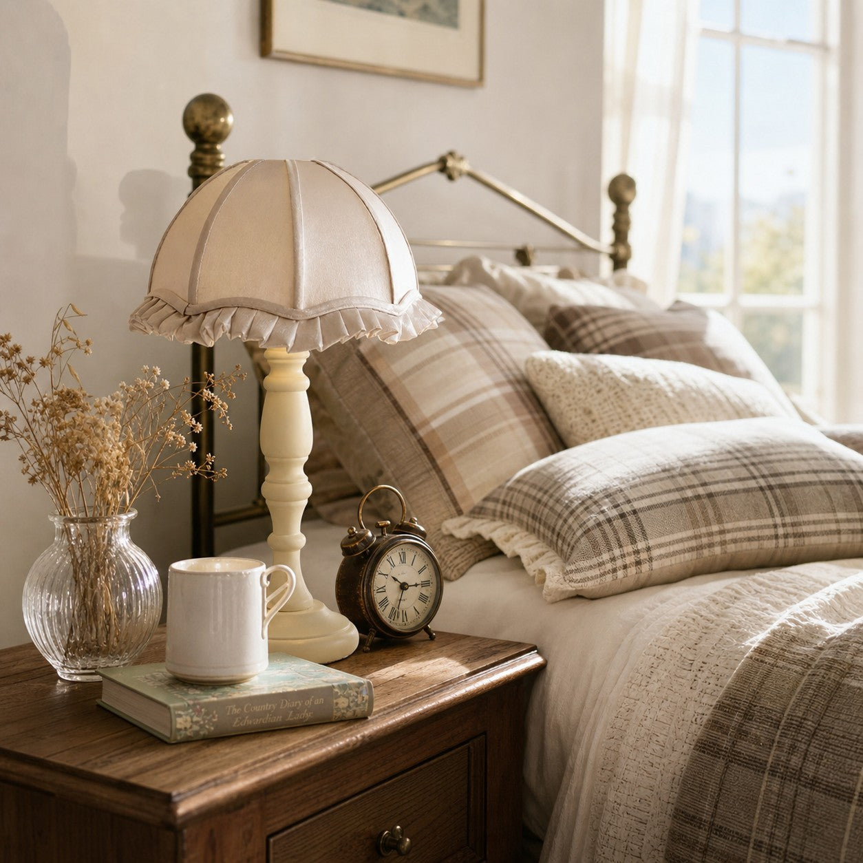 Fabric shade table lamp styled on a bedside table