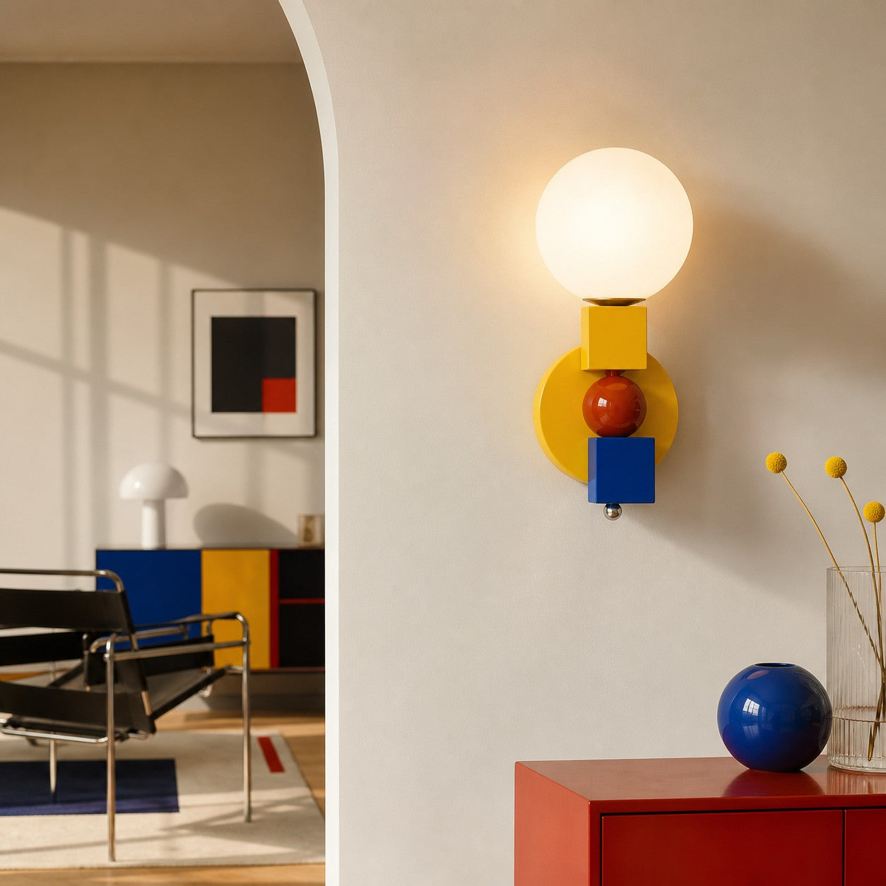 Luma multicolor geometric wall sconce in a modern living room