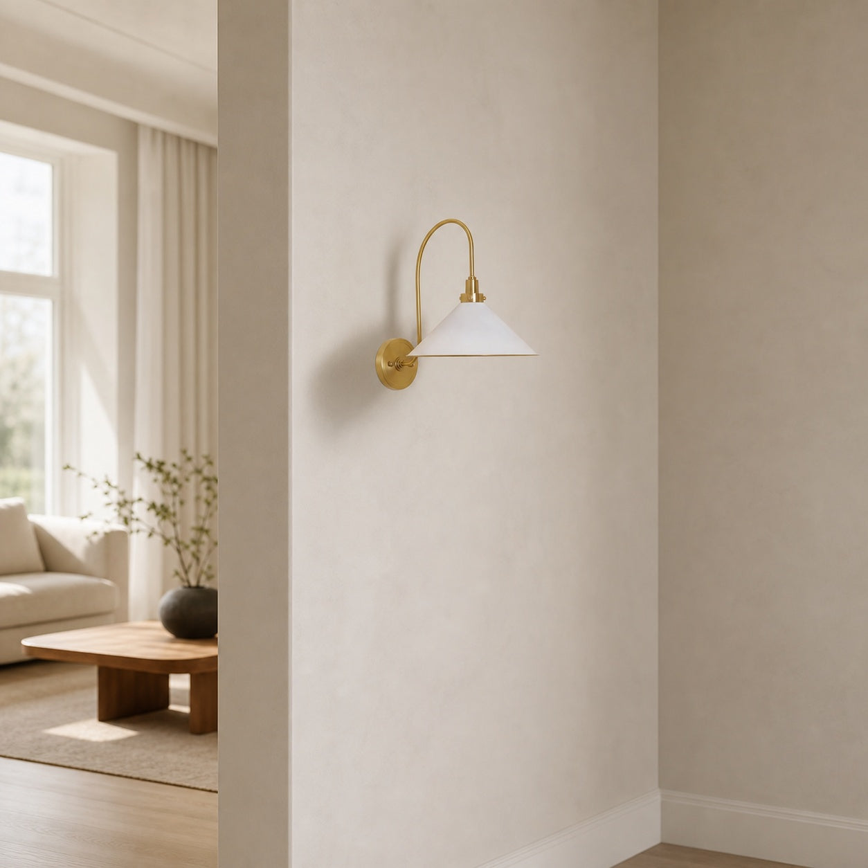 Ivoran Brass Gooseneck Wall Sconce - Curved Arm Dome Shade Light for Bedroom and Hallway