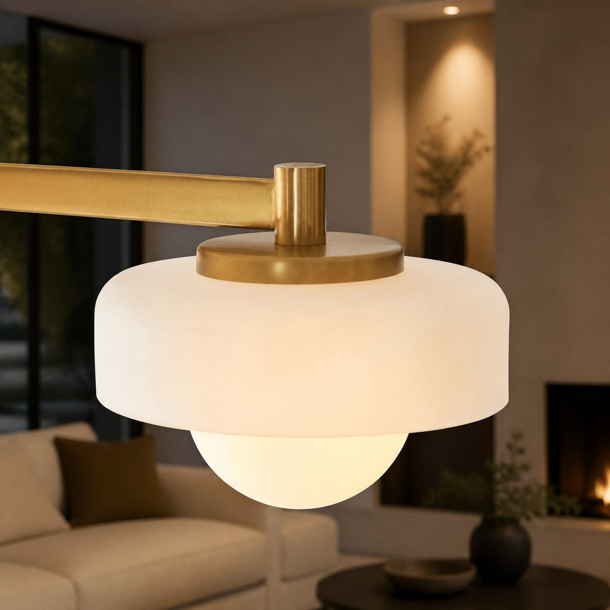 Zirvos Pendant with Frosted Opal Globes and Brushed Brass Frame for Living and Dining