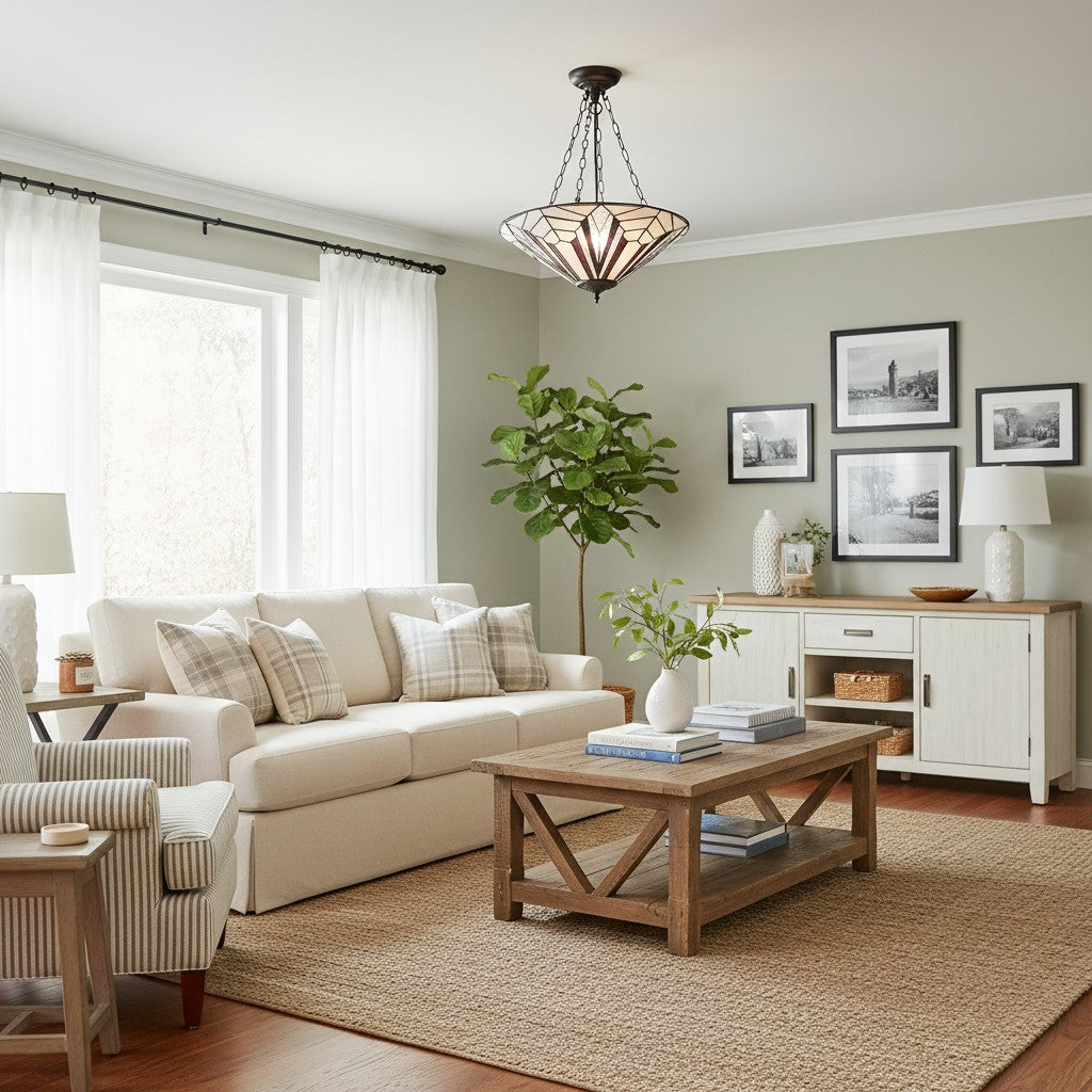 TF Astoria Decorative Stained Glass Semi Flush Light – Art Deco Ceiling Fixture for Entryways & Lounges