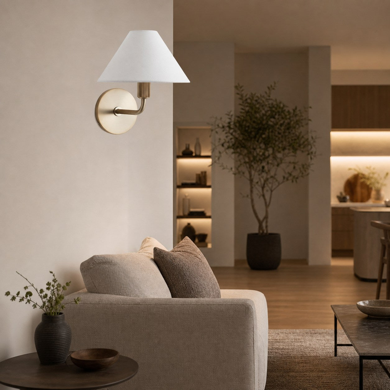Gilda Fabric Drum Shade Wall Sconce - Modern Brass Accent Light for Bedroom and Hallway