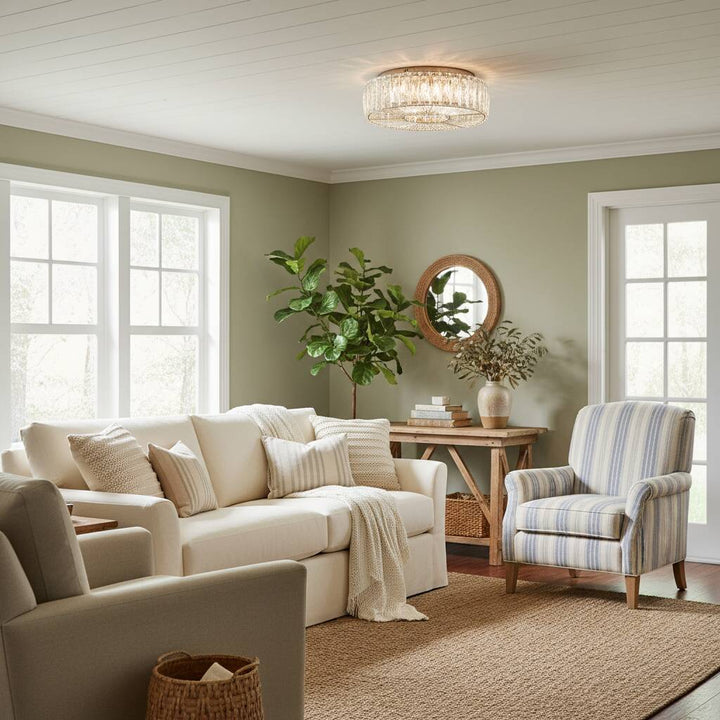 Glomar Glass Round Flush Ceiling Light - Modern Metal Glass Finish Living Areas