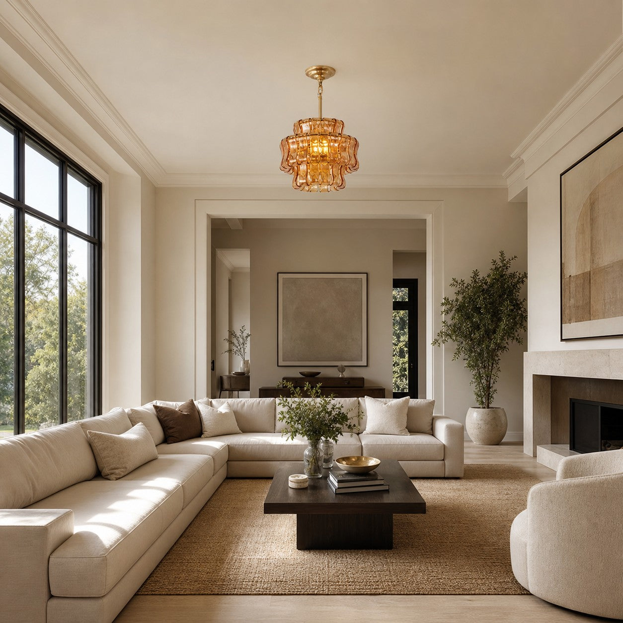 Amber glass pendant in a bright neutral living room