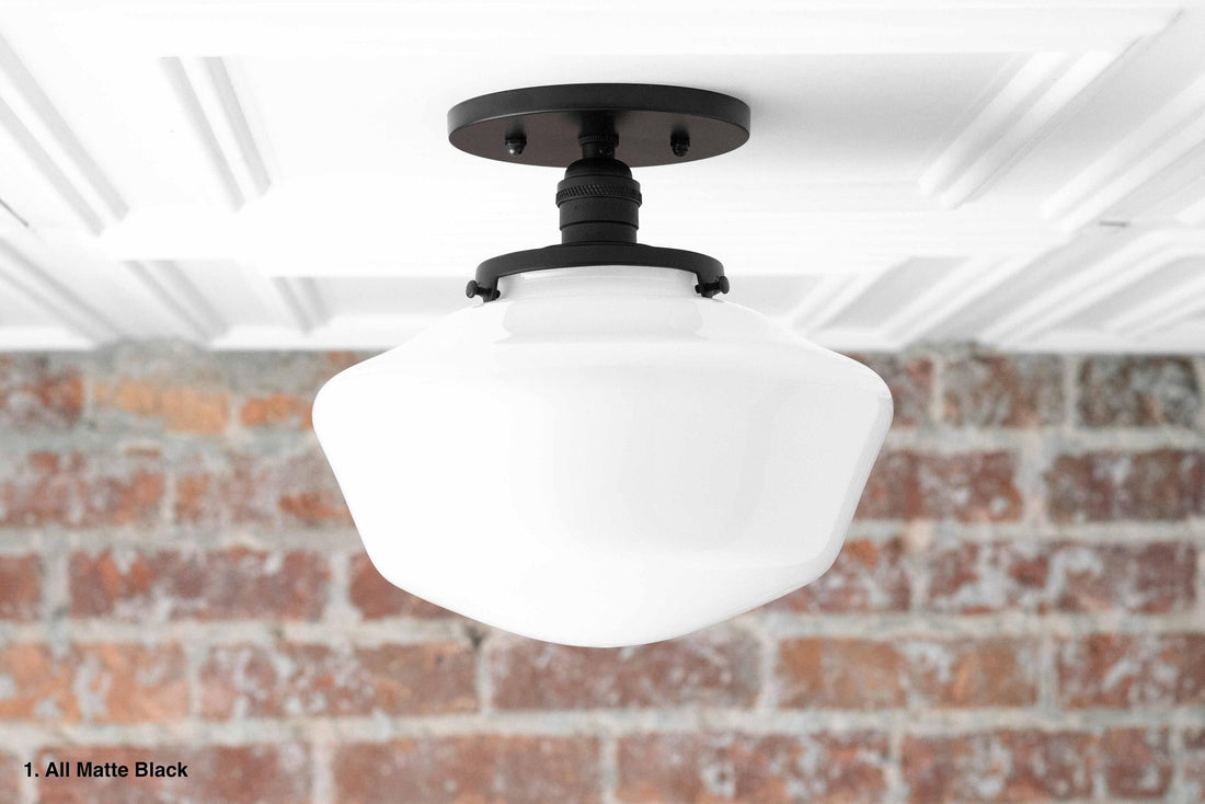 Geotower Glass Brass Ceiling Light - Opal Glass Schoolhouse Shade - Modern Elegance