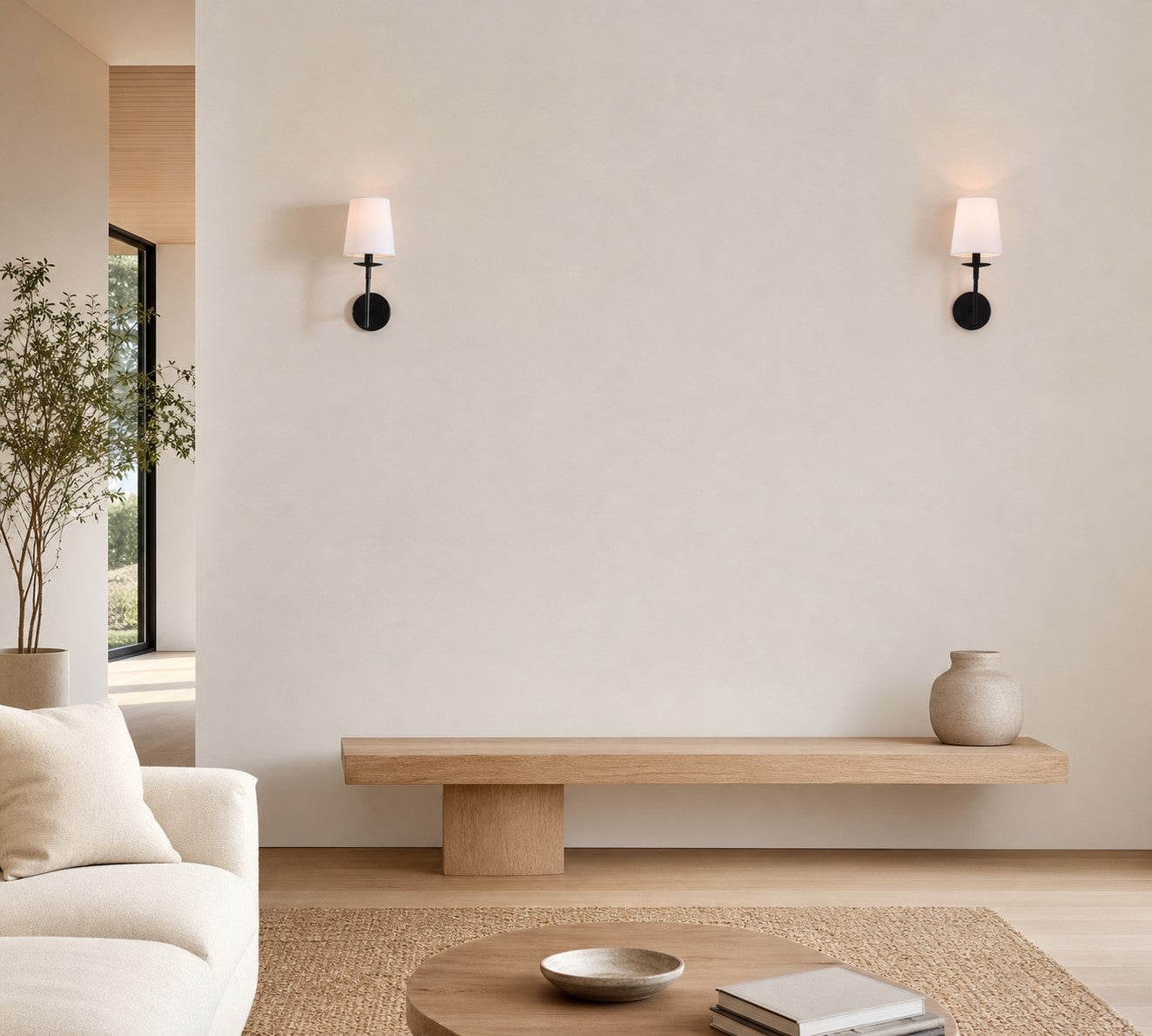 Rowan Bronze or Brass Wall Sconce - Iron Light with White Linen Shade for Home