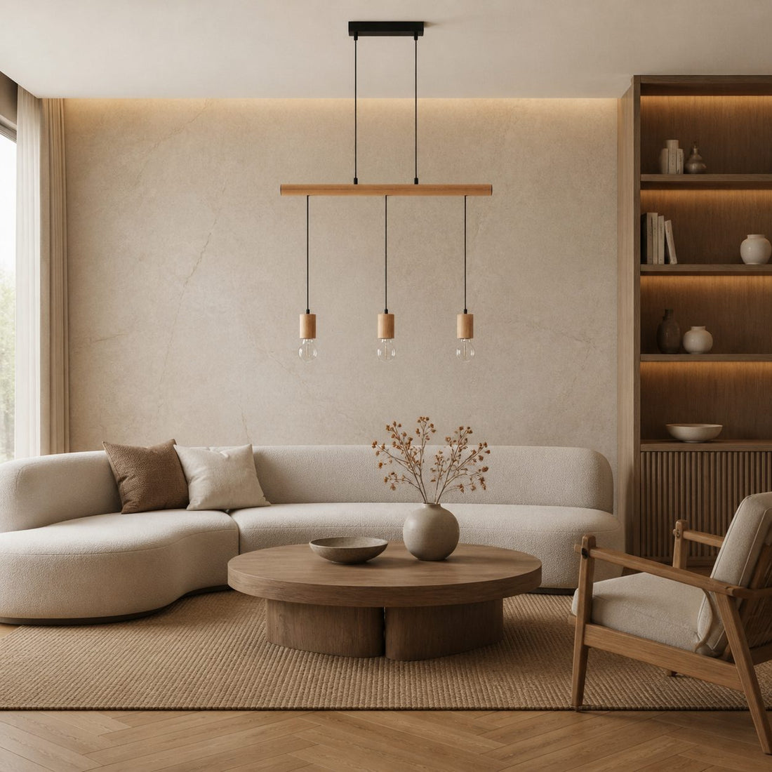 Virell Adjustable Linear Ceiling Light – 3‑Bulb Wooden and Metal Design for Kitchen Island or Office