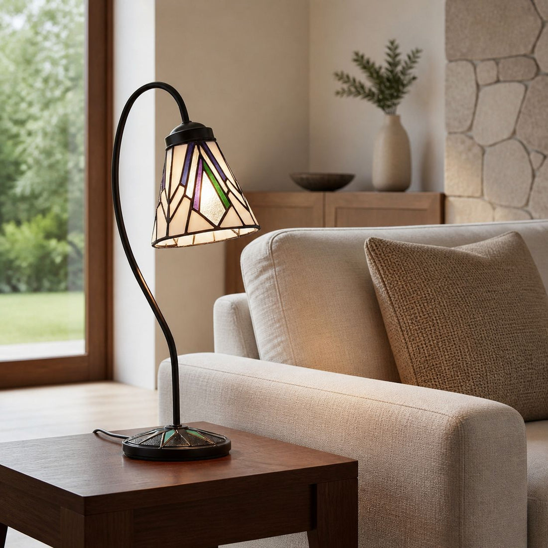 TF Astoria Tiffany Table Lamp – Curved Swan-Neck Arm Art Deco Glass Shade for Desk