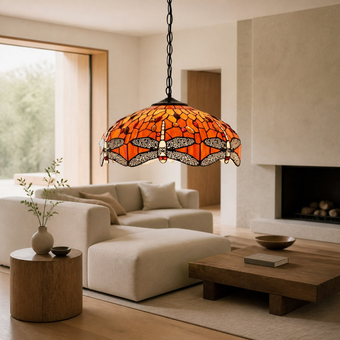 TF Dragonfly Tiffany Pendant Light – Art Nouveau Stained Glass Pendant for Living