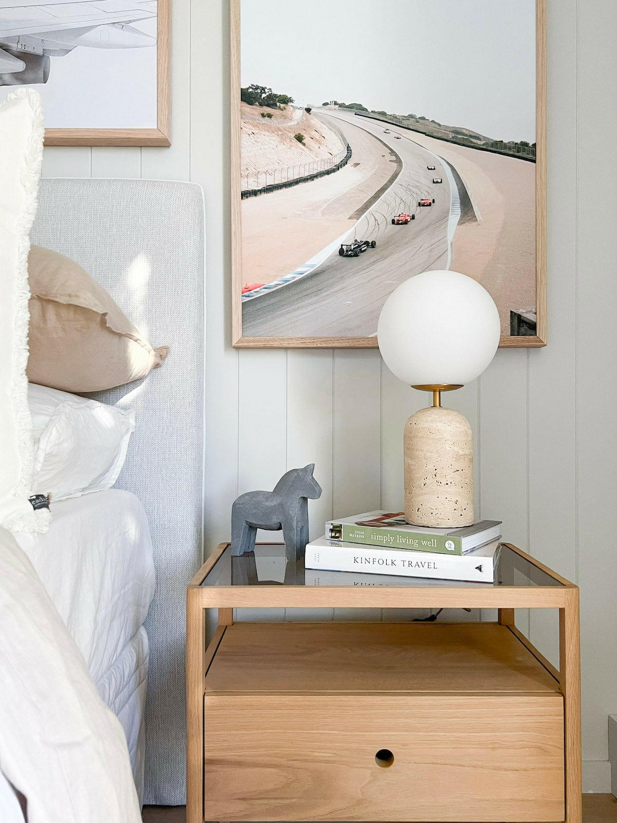 Modern Minimalist Travertine Base Glass Orb Table Lamp