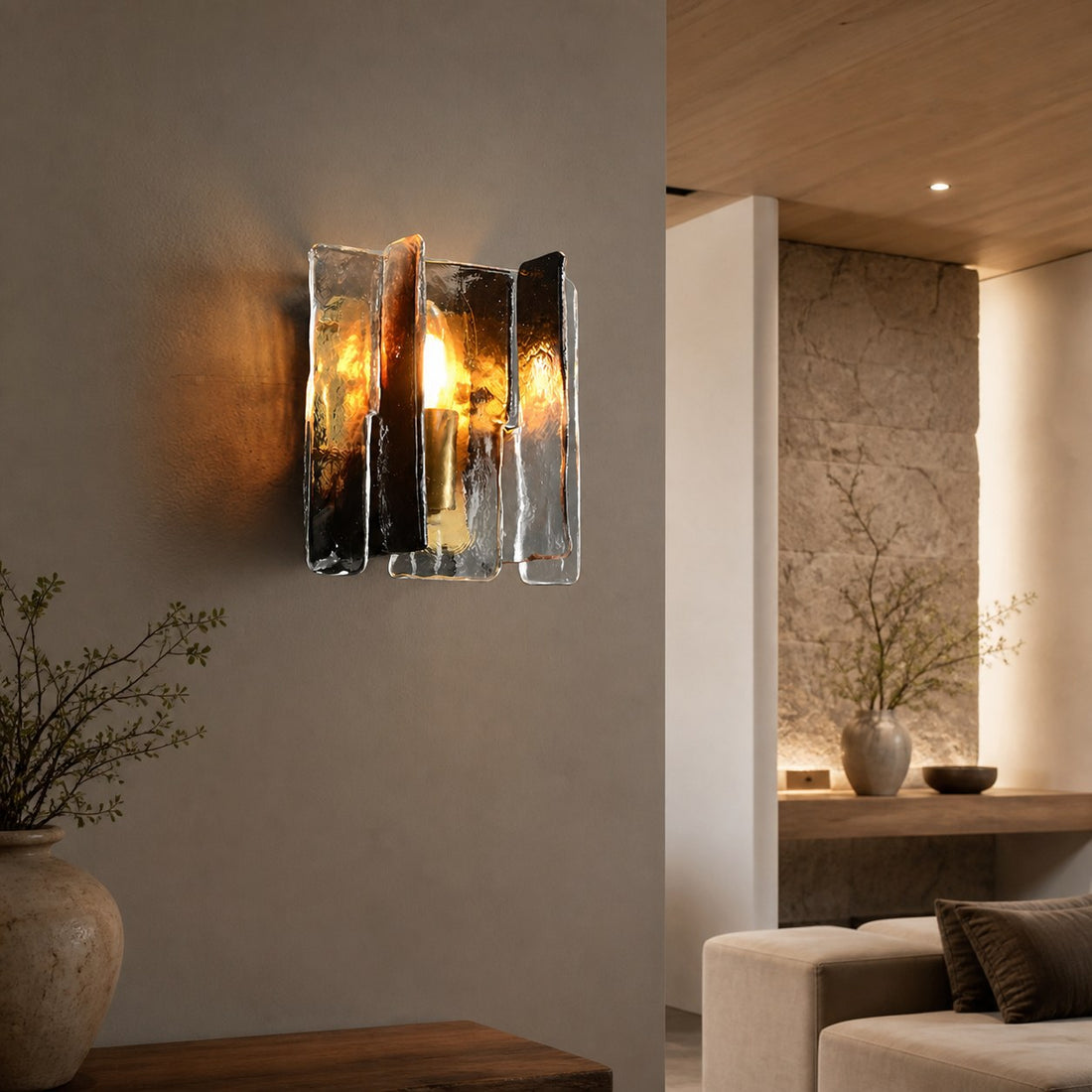 Modern Luxury Rectangle Copper Glass 1-Light Wall Sconce Lamp For Living Room